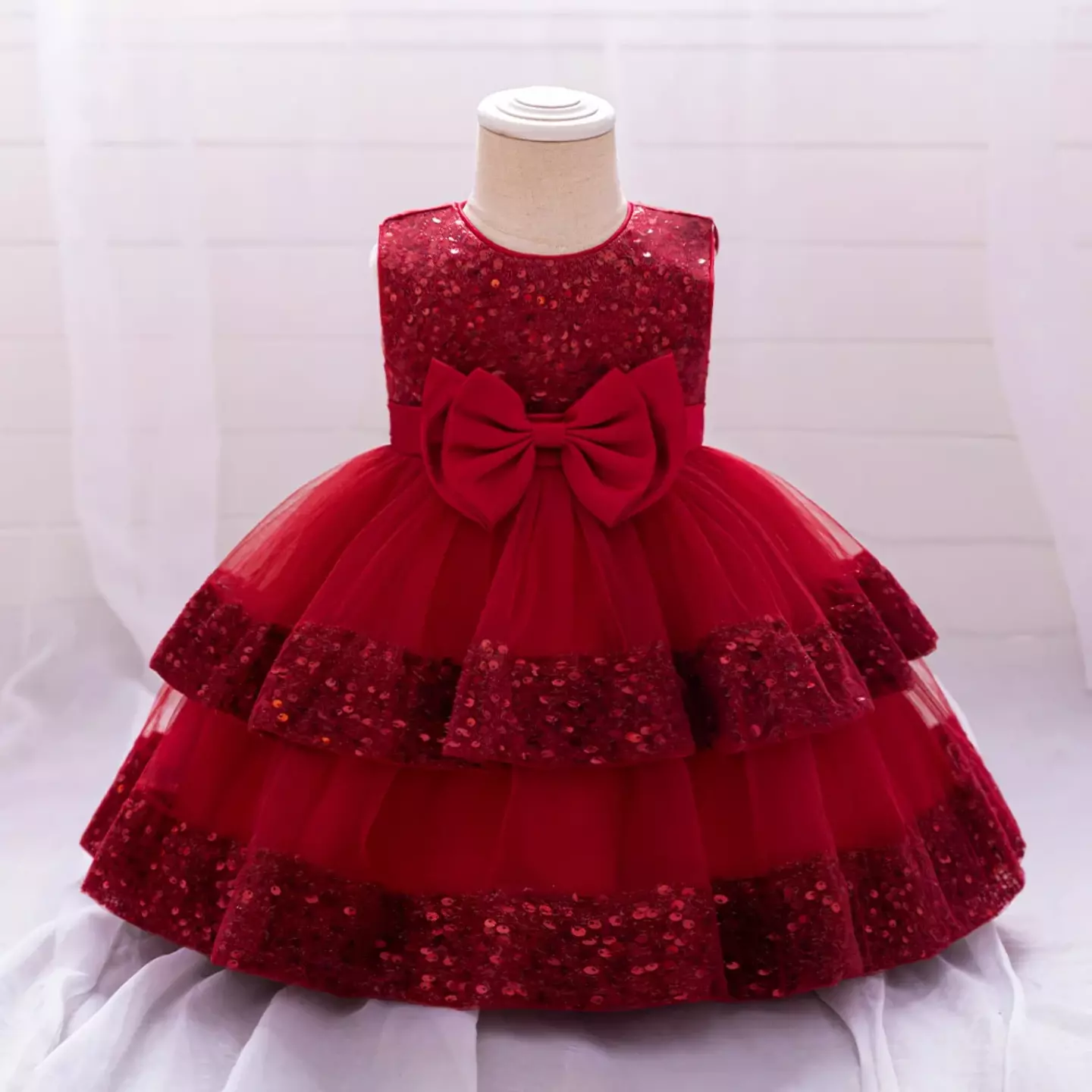 Lindsey Maroon Sequin Bow Tiered Tulle Baby Girls Party Dress | Lucys
