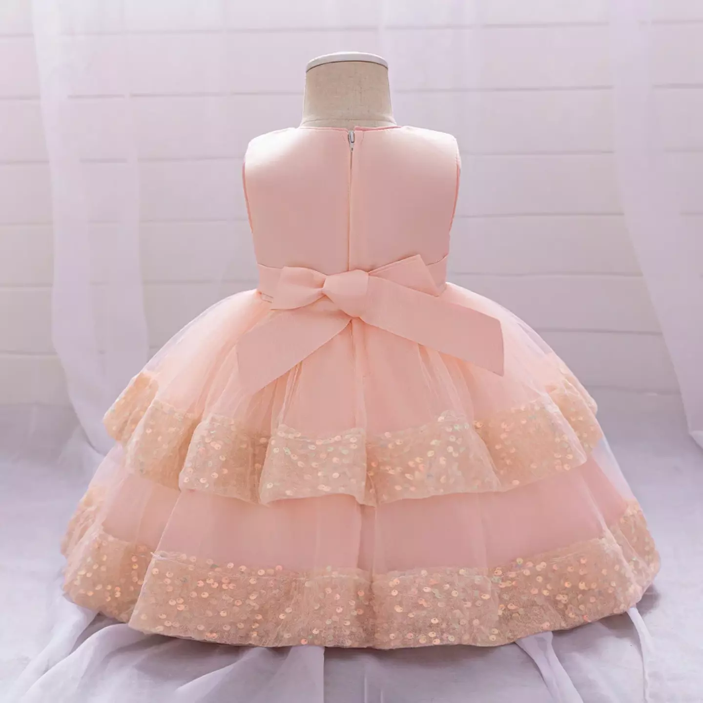 Lindsey Peach Pink Sequin Bow Tiered Tulle Baby Girls Dress | Lucys