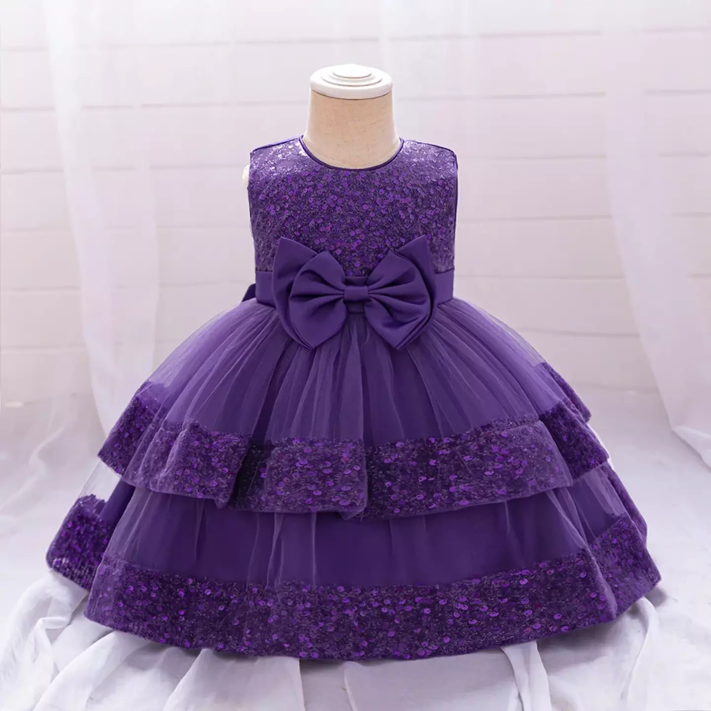 Lindsey Purple Sequin Bow Tiered Tulle Baby Girls Party Dress | Lucys
