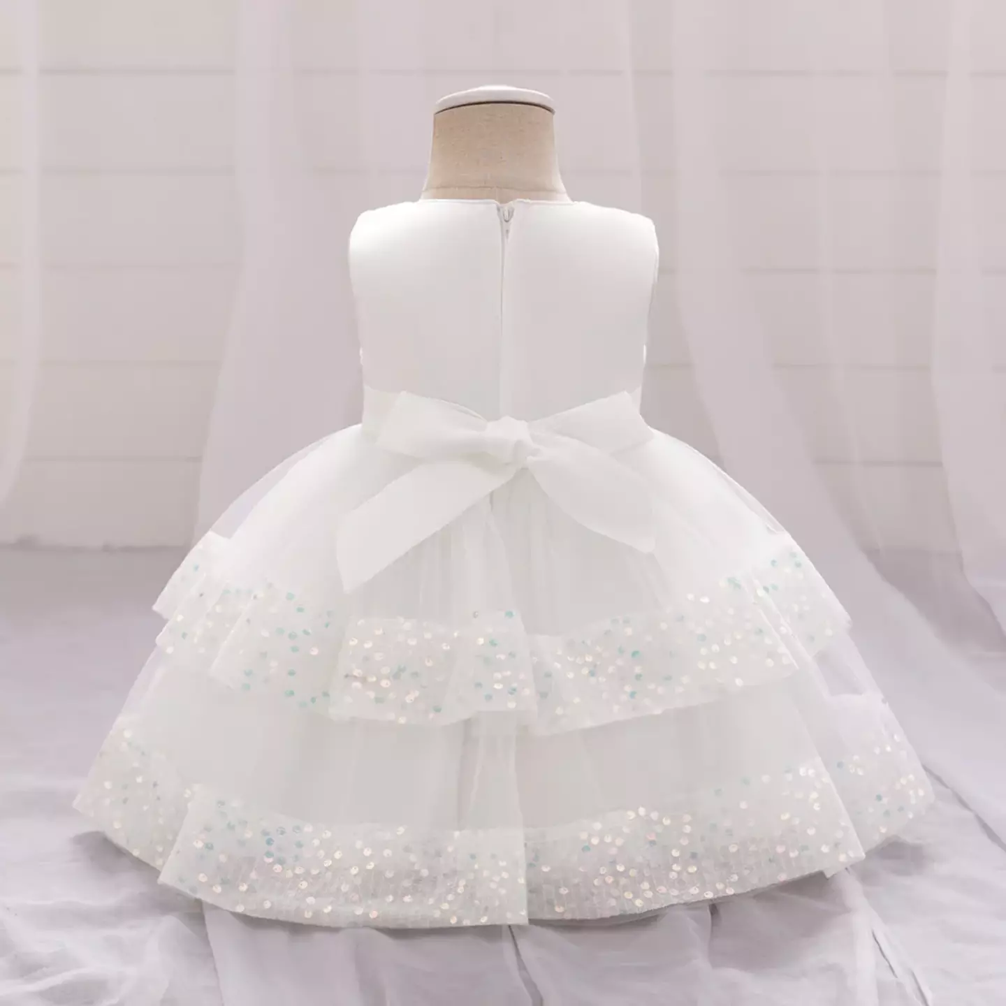 Lindsey White Sequin Bow Tiered Tulle Baby Girls Party Dress | Lucys