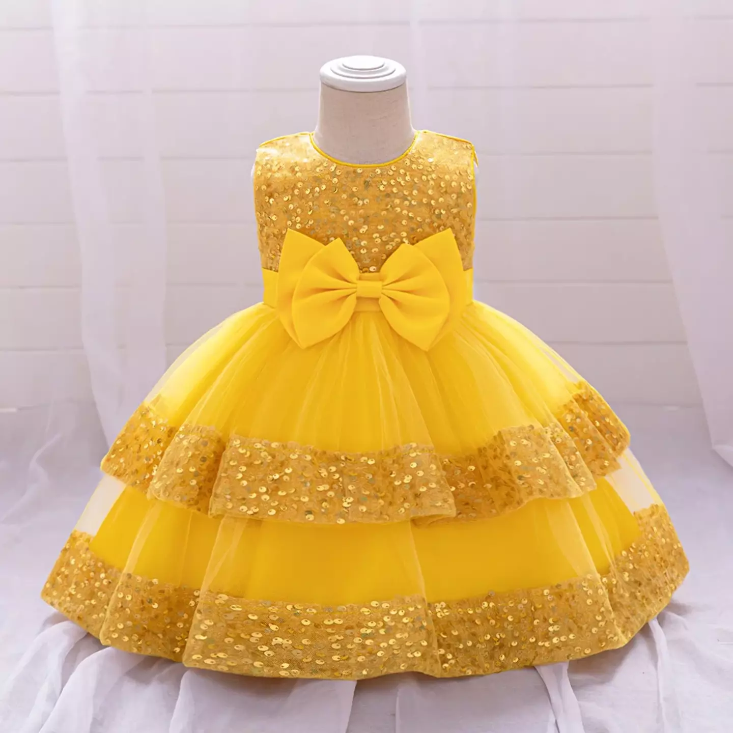 Lindsey Yellow Sequin Bow Tiered Tulle Baby Girls Party Dress | Lucys