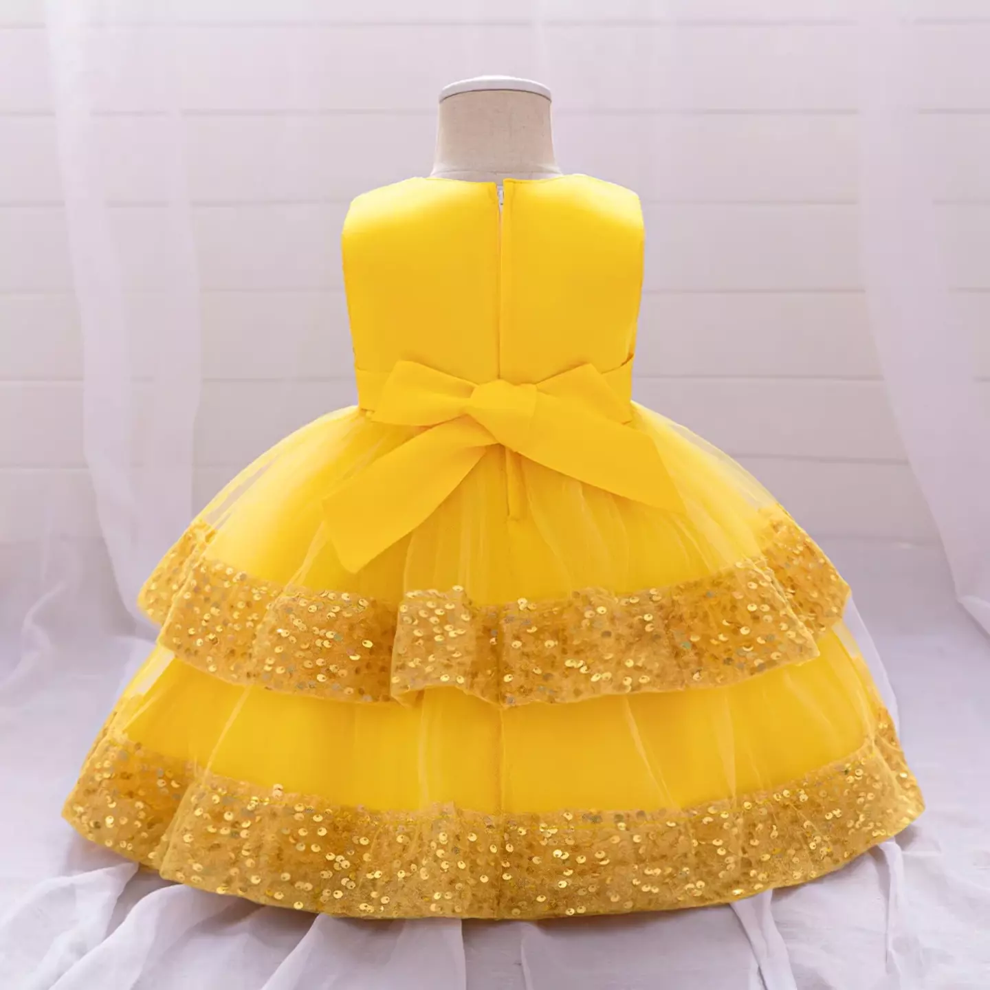 Lindsey Yellow Sequin Bow Tiered Tulle Baby Girls Party Dress | Lucys