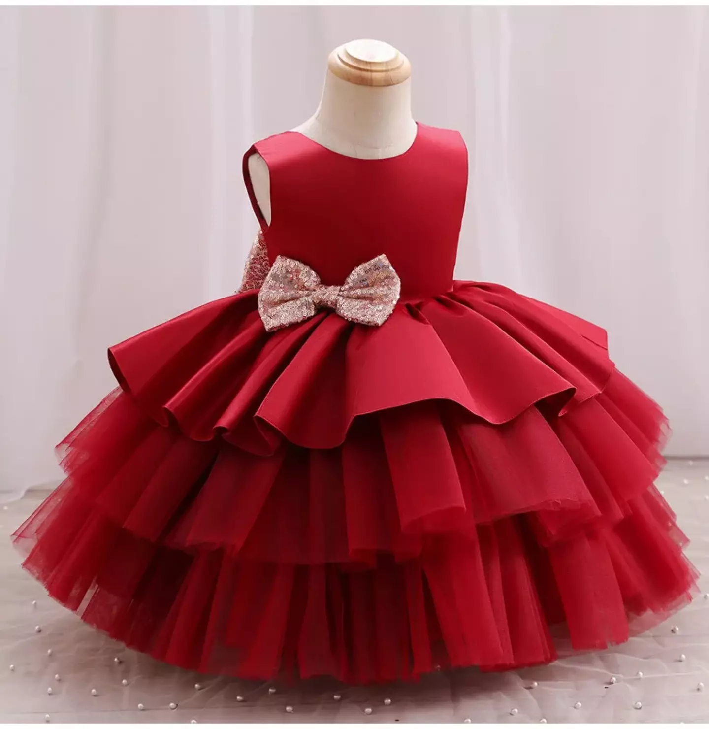 Amity Maroon Satin Sequin Bow Tiered Tulle Dress for Girls