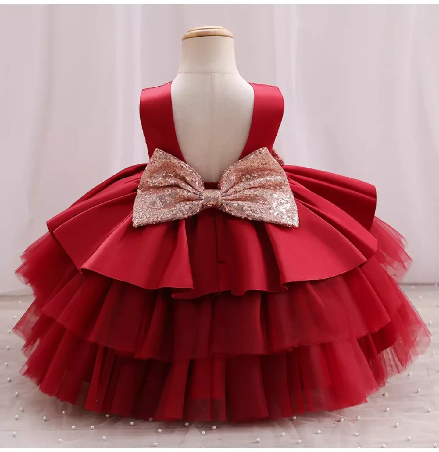 Amity Maroon Satin Sequin Bow Tiered Tulle Dress for Girls