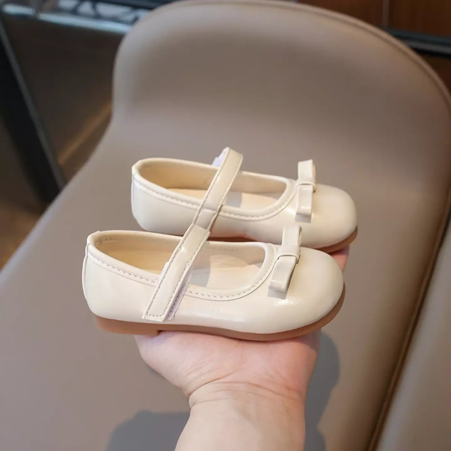 Baby, Toddler & Young Girls Beige Short Fold Bow Mary Jane Flats | Lucys 12456