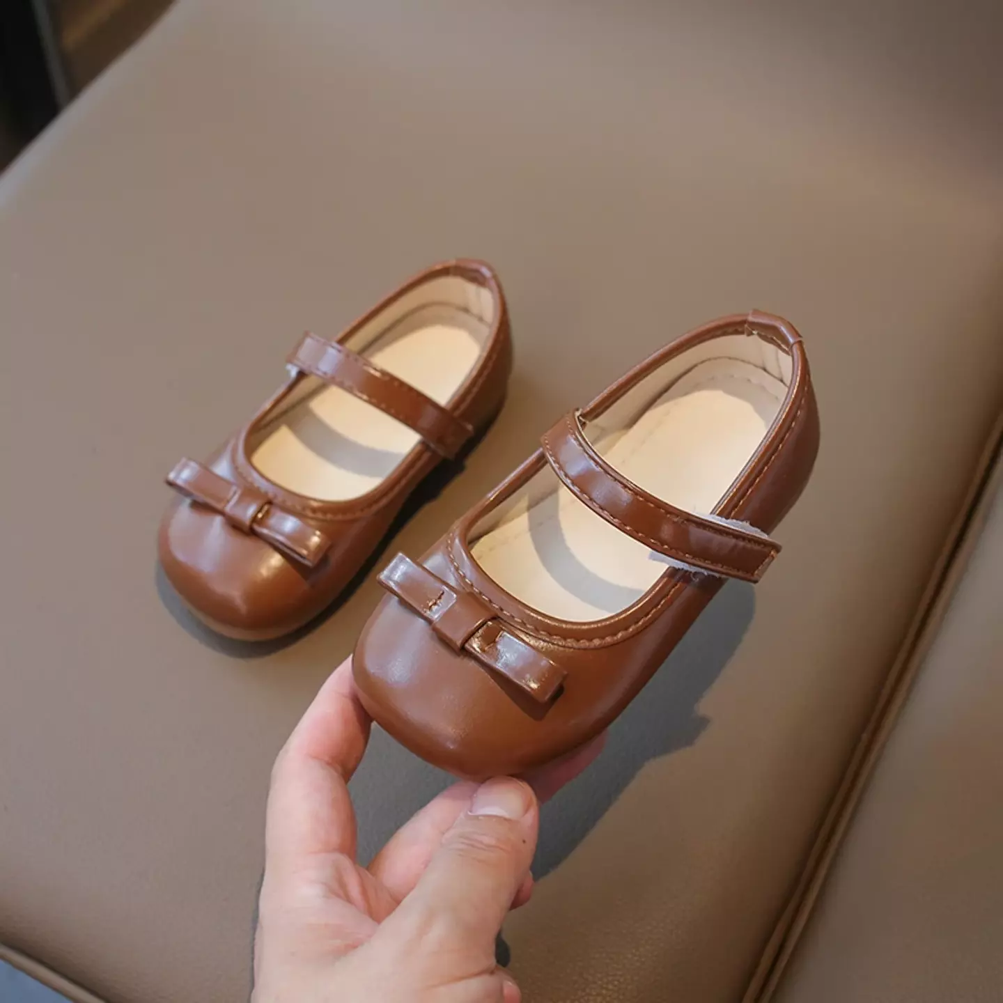 Baby, Toddler & Young Girls Brown Short Fold Bow Mary Jane Flats | Lucys 12457