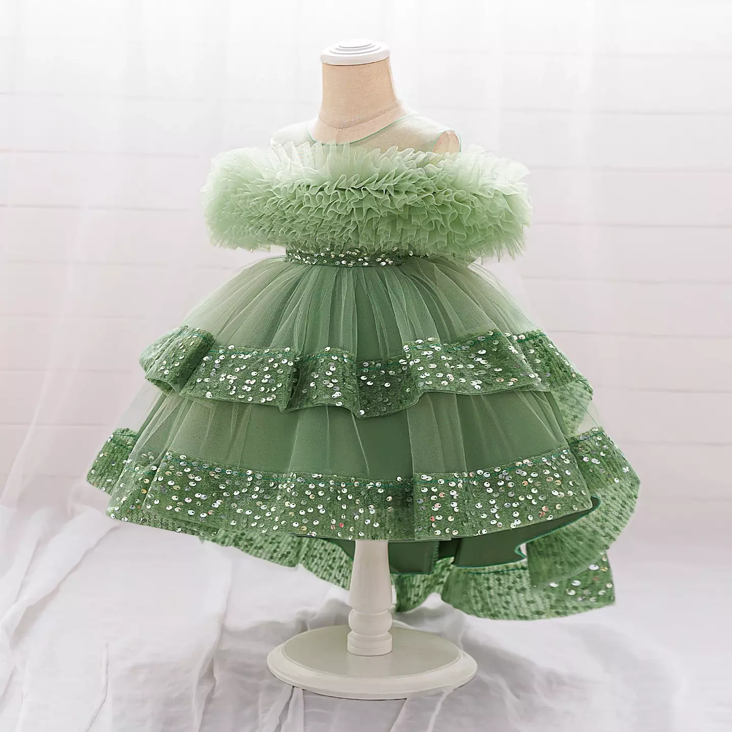 Emilia II Sage Green Sequin Tiered Tulle Baby Party Dress