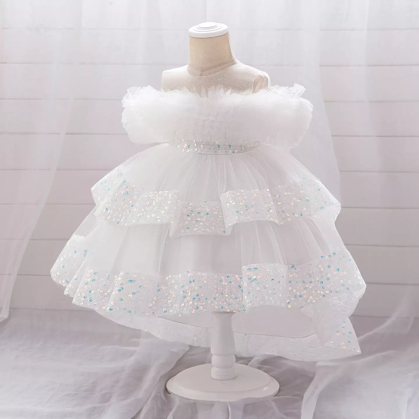 Emilia II White Sequin Tiered Tulle Baby Christening Dress