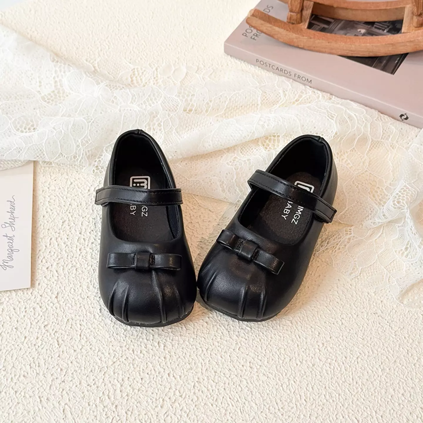 Baby, Toddler & Young Girls Black Pleated Toe Mini Bow Mary Jane Shoes | Lucys 12470