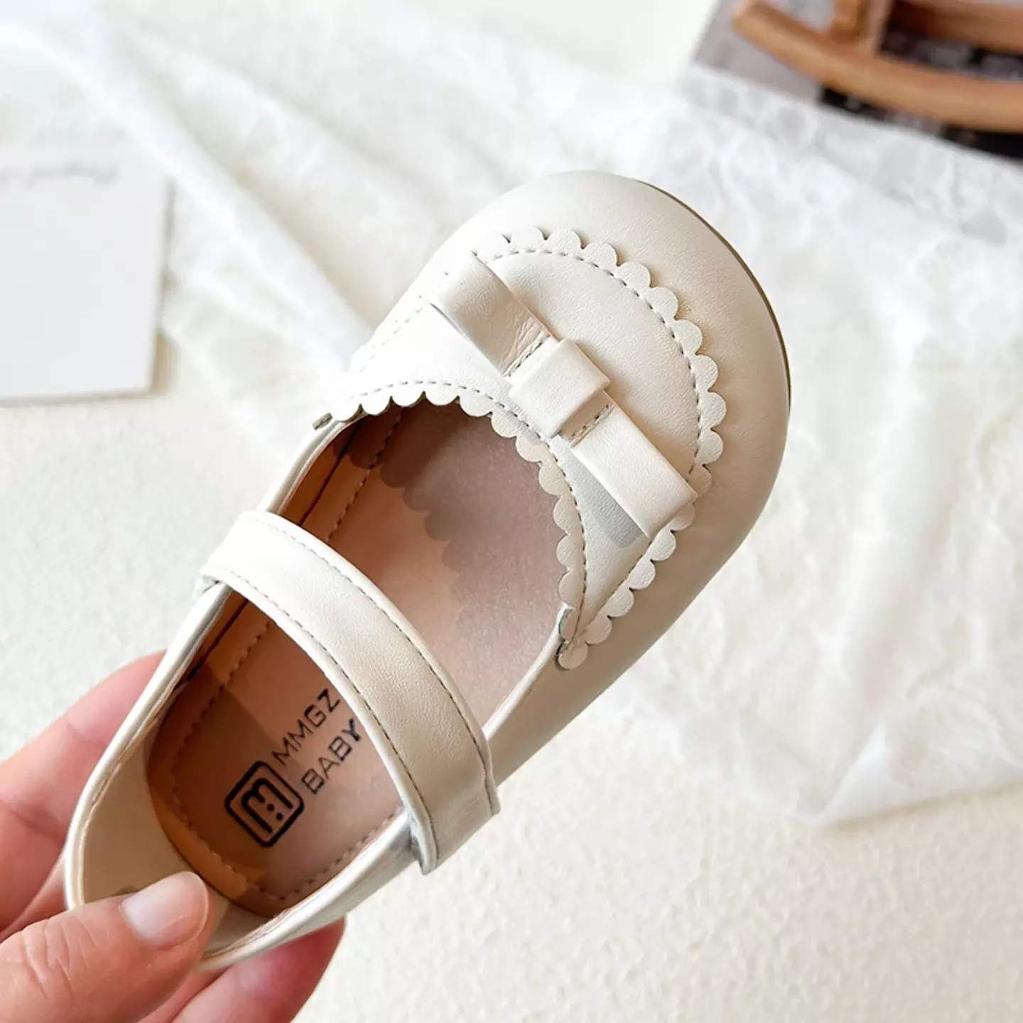 Baby, Toddler & Young Girls Ivory Scallop Rim Mini Bow Mary Jane Shoes | Lucys 12493