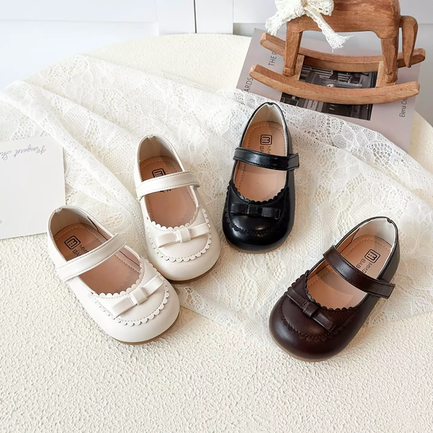 Baby, Toddler & Young Girls Black Scallop Rim Mini Bow Mary Jane Shoes | Lucys 12494