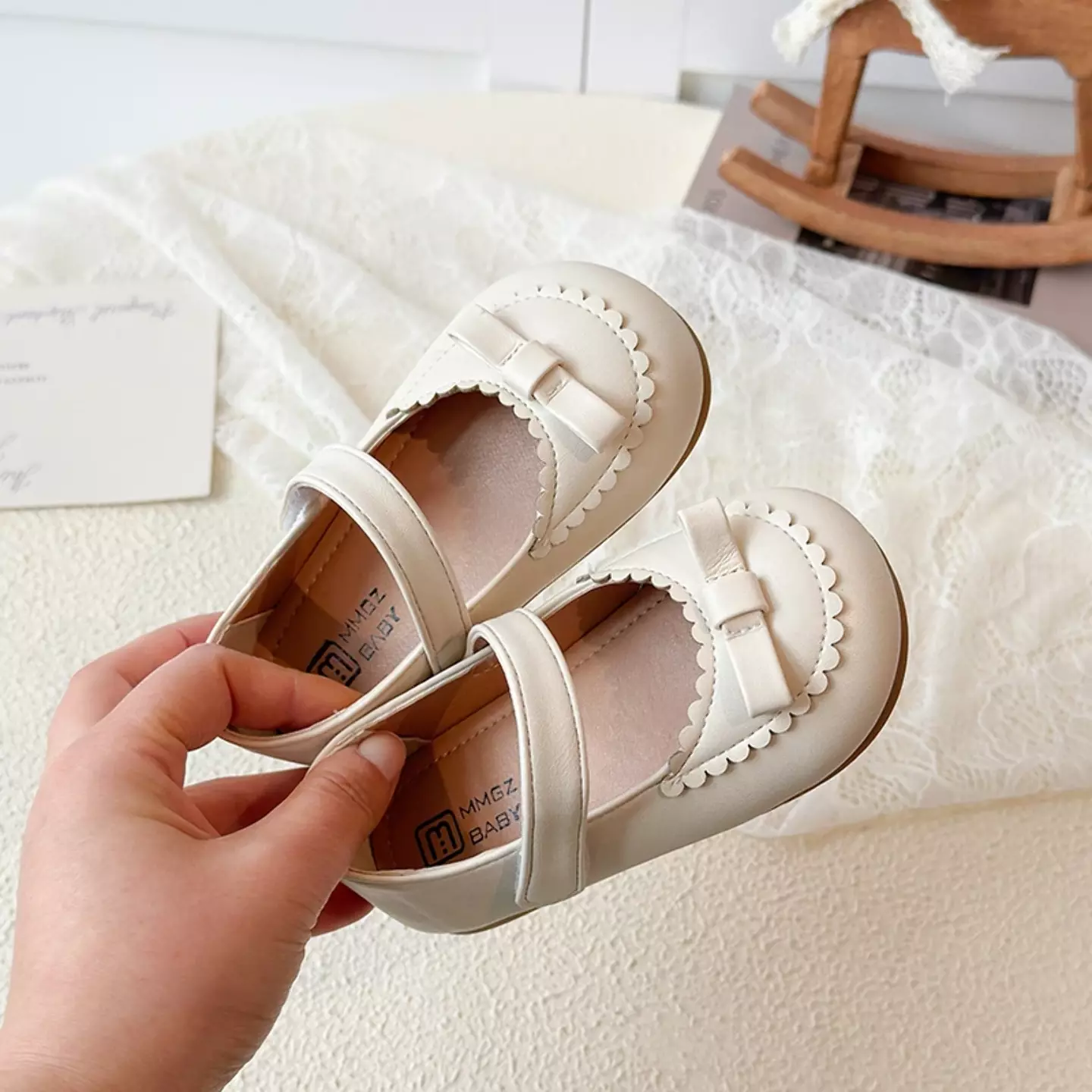 Baby, Toddler & Young Girls Ivory Scallop Rim Mini Bow Mary Jane Shoes | Lucys 12493