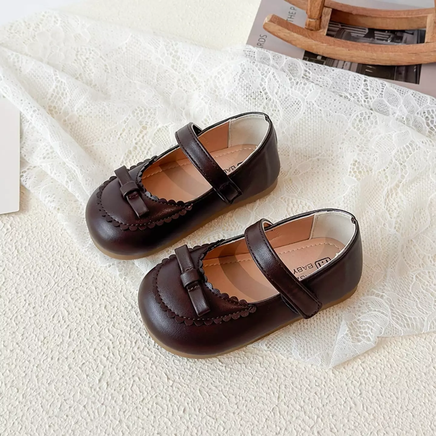 Baby, Toddler & Young Girls Brown Scallop Rim Mini Bow Mary Jane Shoes | Lucys 12492