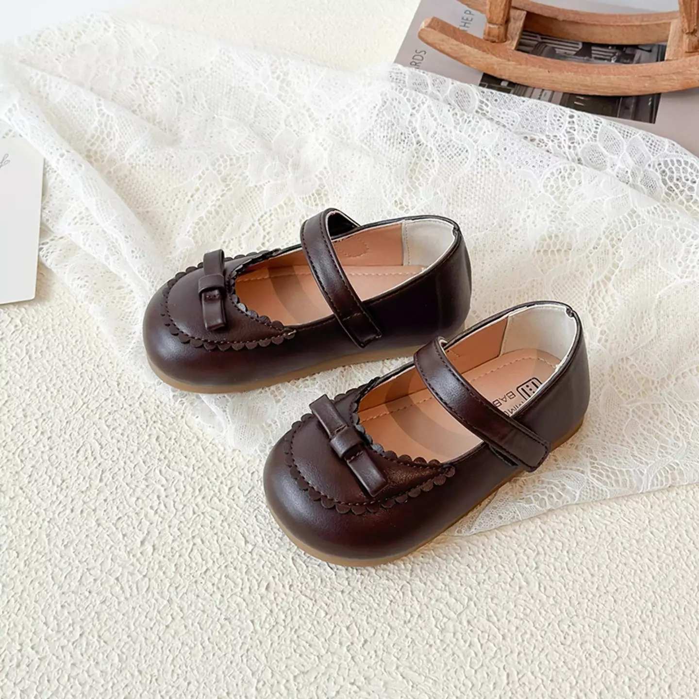Baby, Toddler & Young Girls Brown Scallop Rim Mini Bow Mary Jane Shoes | Lucys 12492