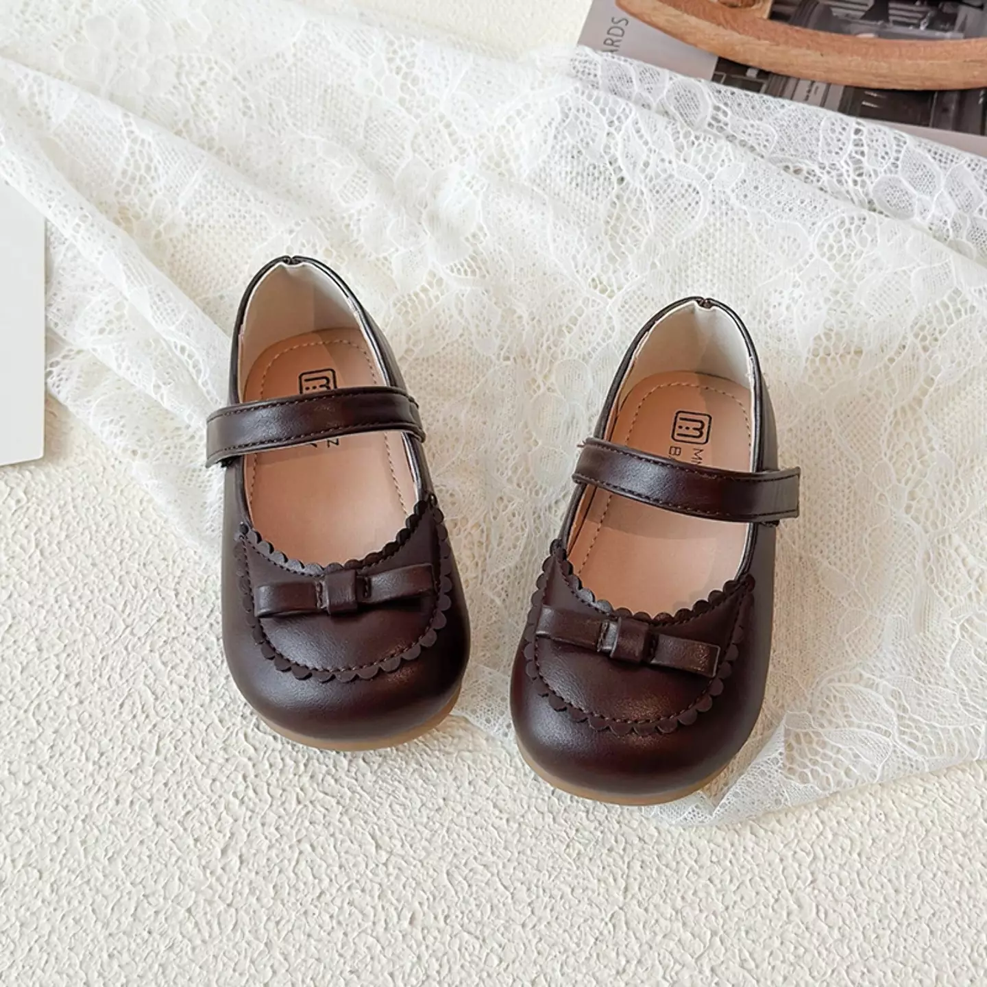 Baby, Toddler & Young Girls Brown Scallop Rim Mini Bow Mary Jane Shoes | Lucys 12492
