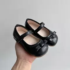 Baby, Toddler, Young Girls & Girls Black Folded Tab Bow Plain Strap Dress Flats | Lucys 12505