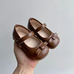 Baby, Toddler, Young Girls & Girls Brown Folded Tab Bow Plain Strap Dress Flats | Lucys 12506