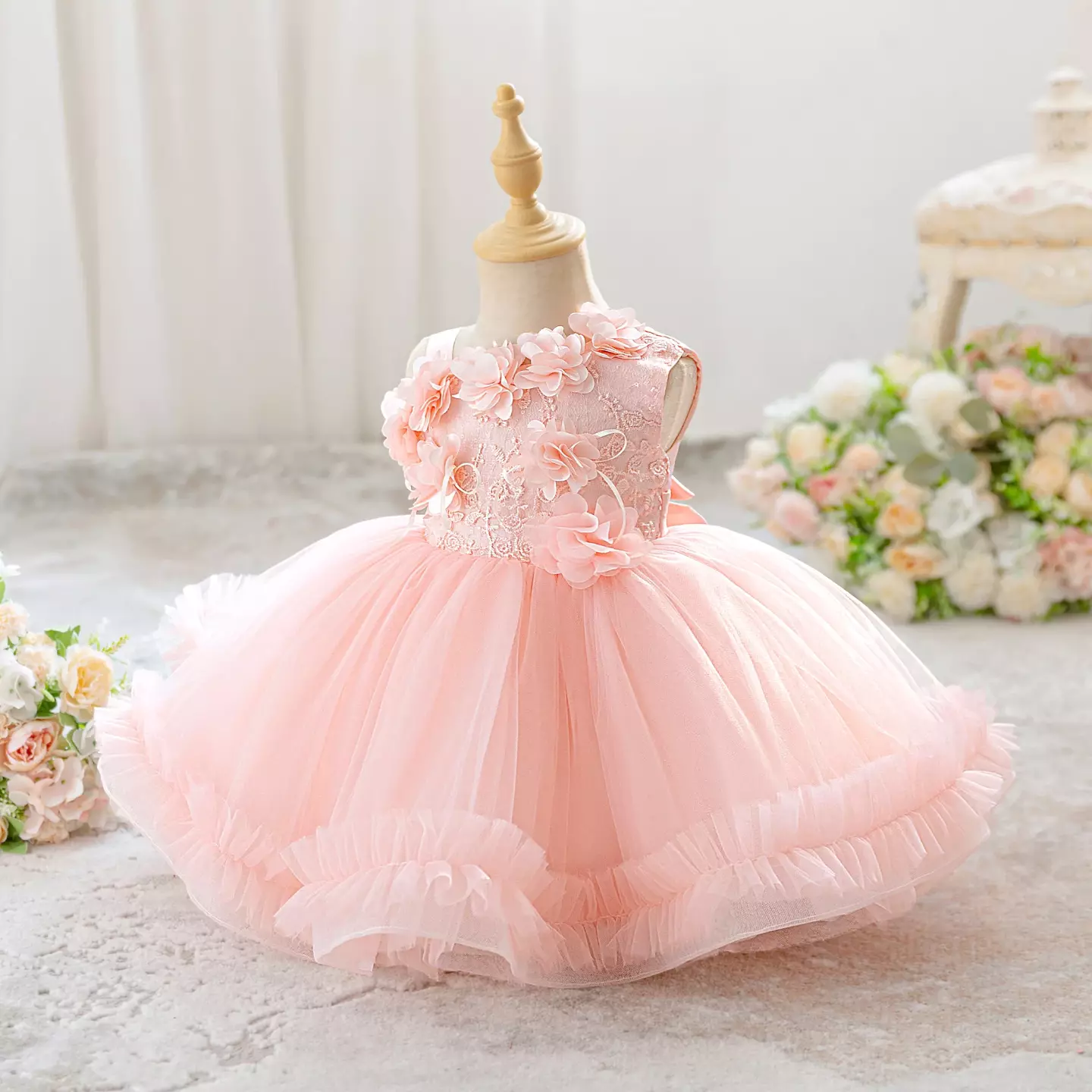 Karina Peach Pink 3D Flower Tulle Baby Party Dress