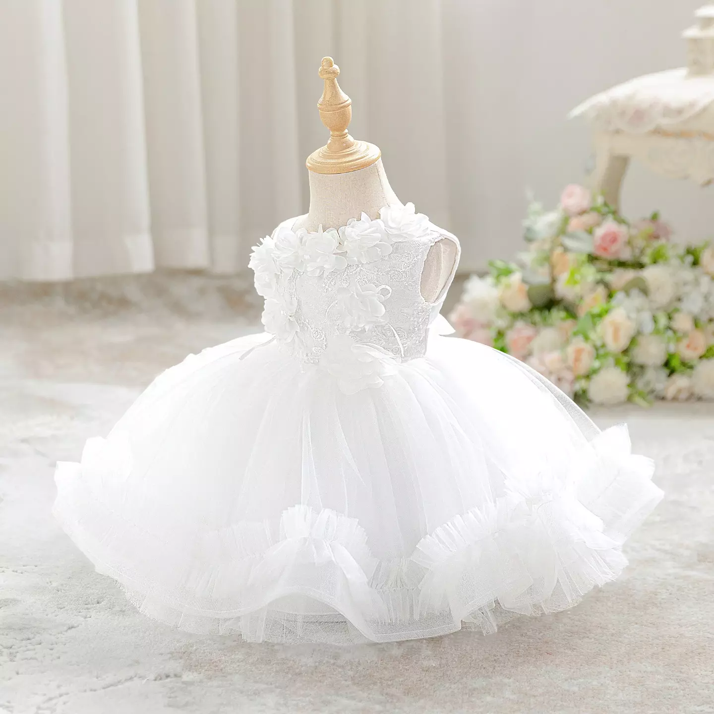 Karina White 3D Flower Tulle Baby Christening Dress