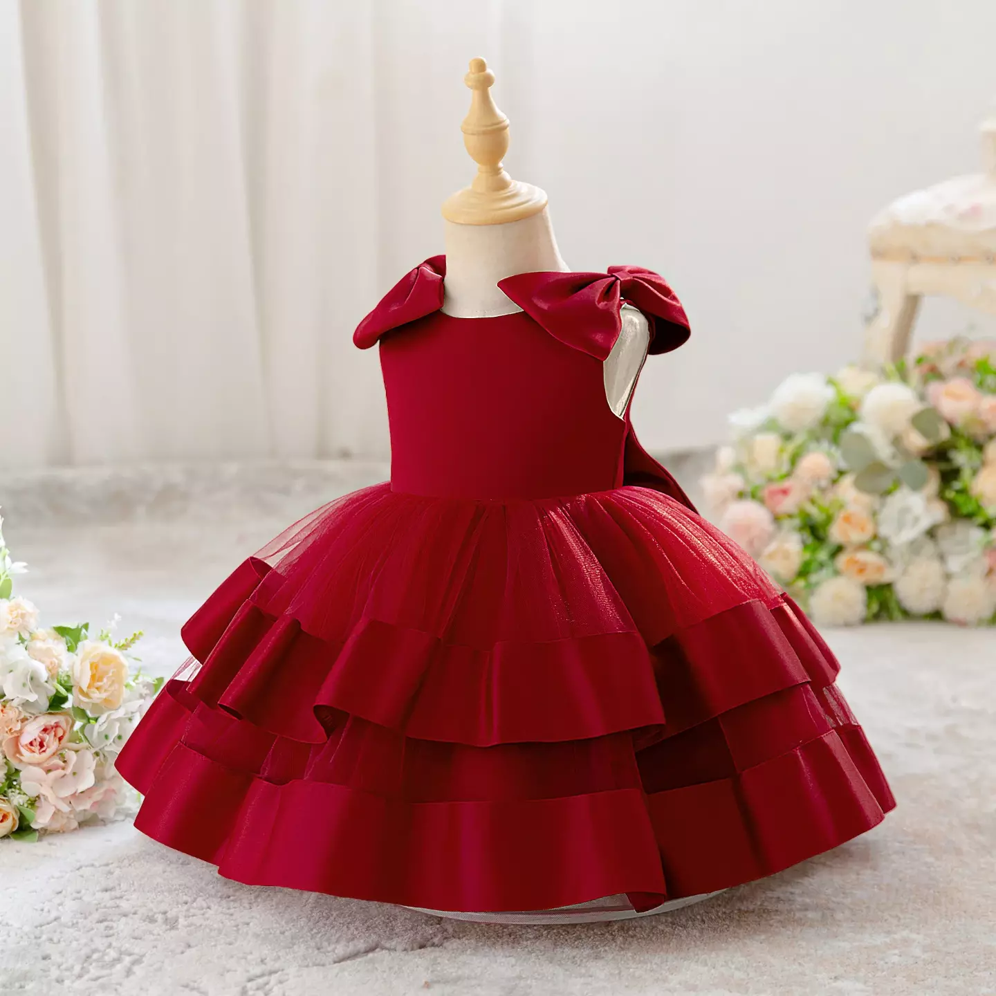 Zoya Maroon Satin Shoulder Bow Tiered Baby Party Dress