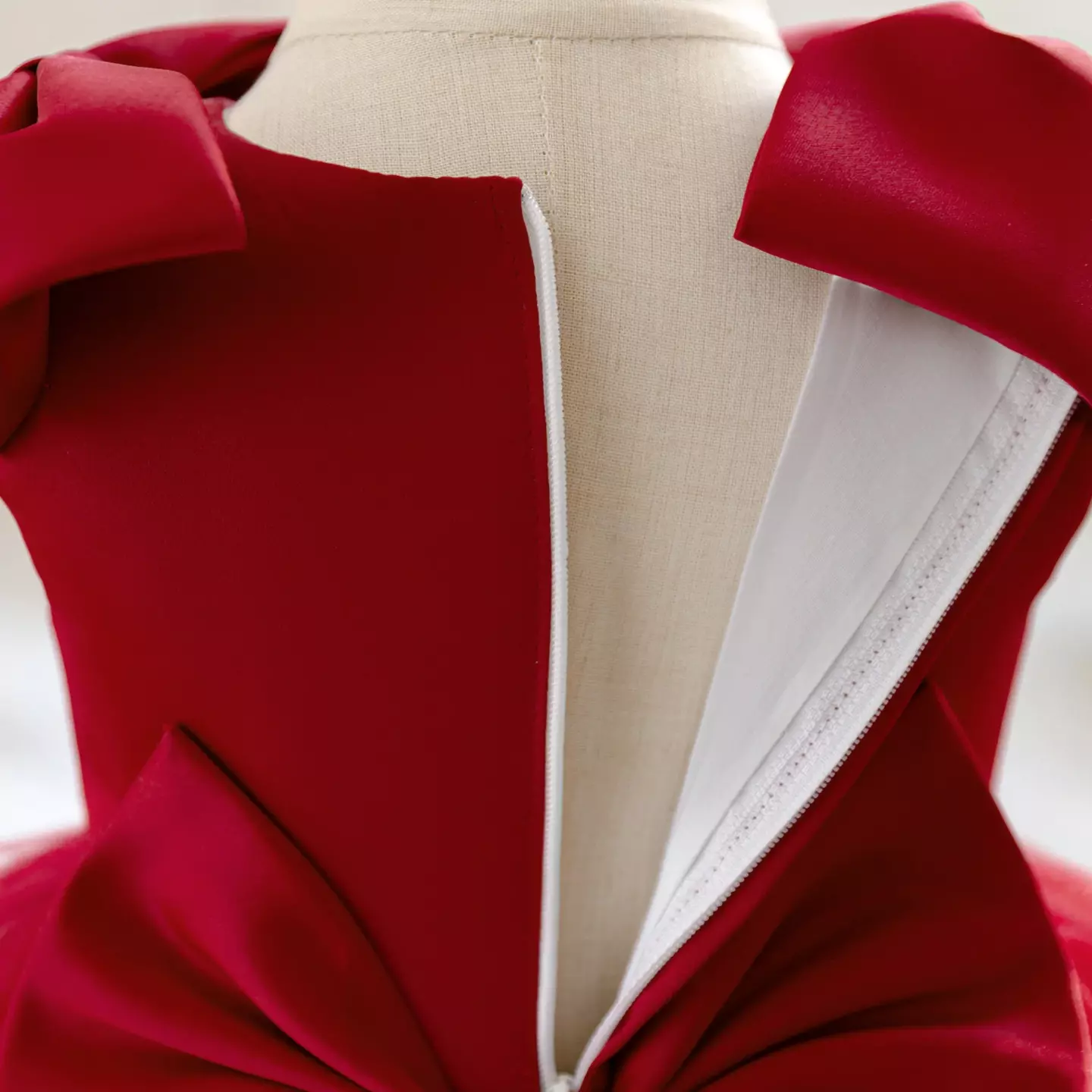 Zoya Maroon Satin Shoulder Bow Tiered Baby Party Dress