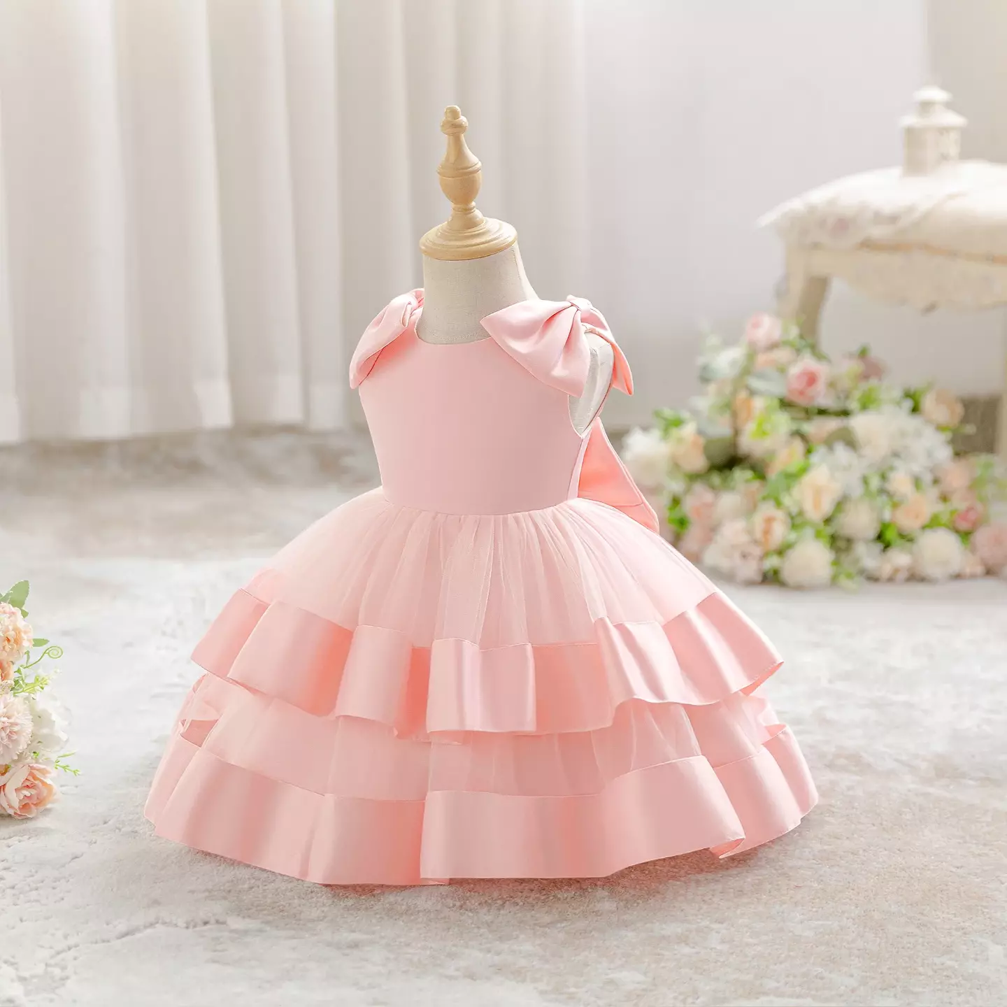 Zoya Peach Pink Satin Shoulder Bow Baby Party Dress