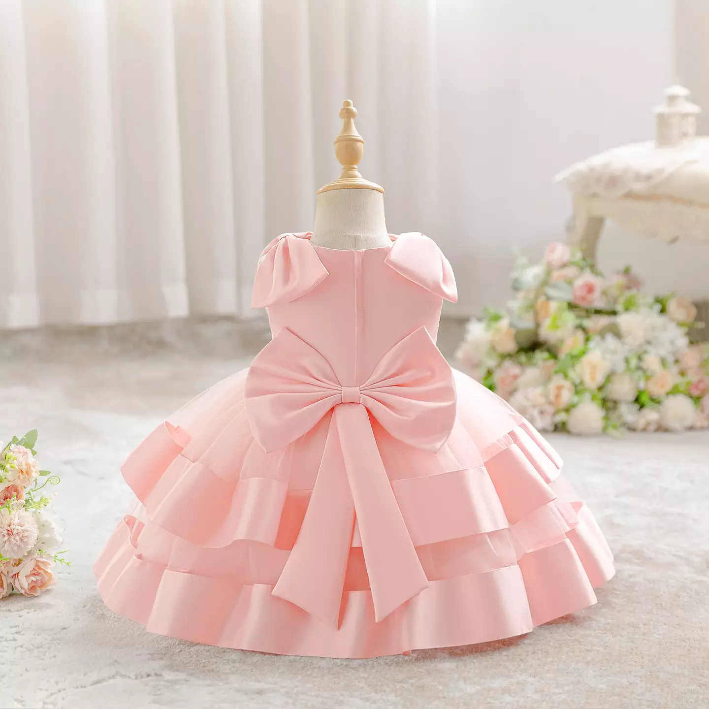 Zoya Peach Pink Satin Shoulder Bow Baby Party Dress