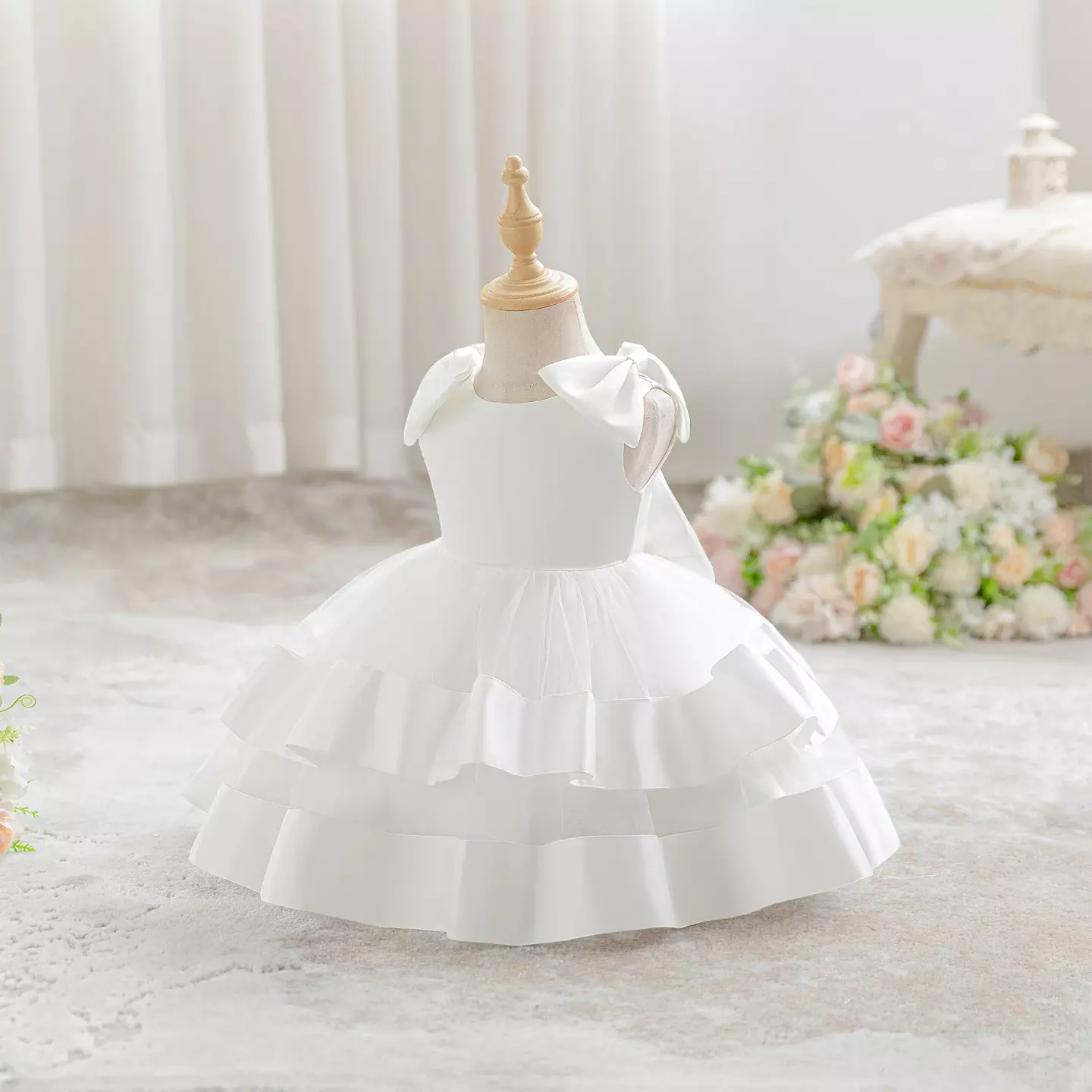 Zoya White Satin Shoulder Bow Baby Christening Dress