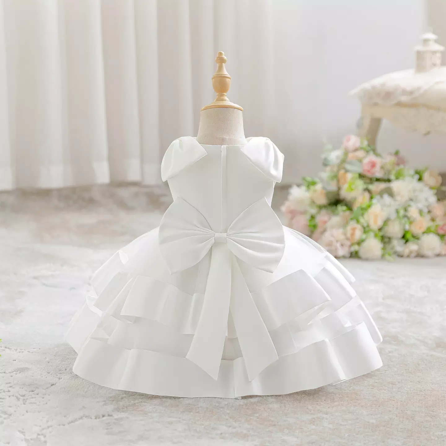 Zoya White Satin Shoulder Bow Baby Christening Dress