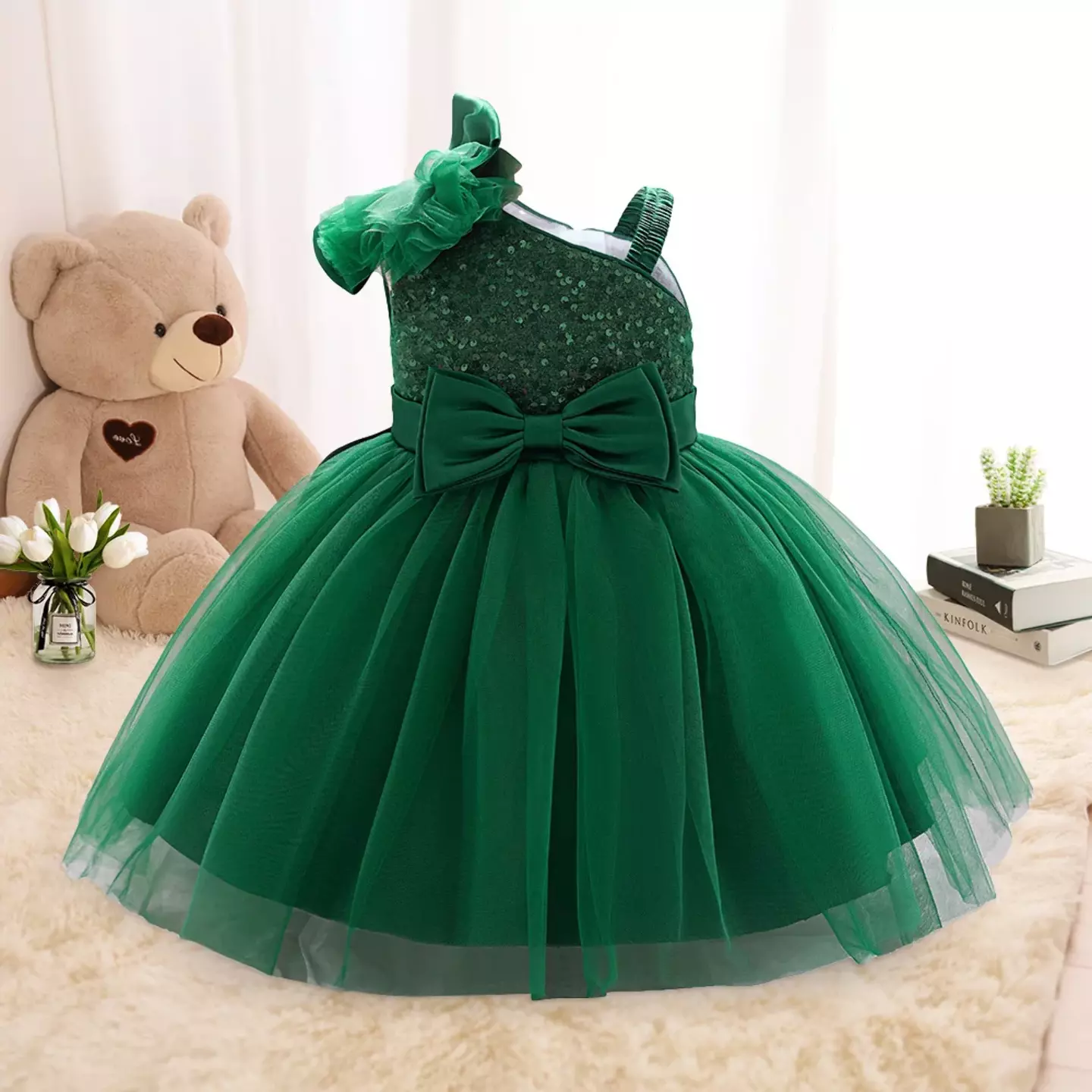 Madison Forest Green Sequin One Shoulder Baby Party Dress
