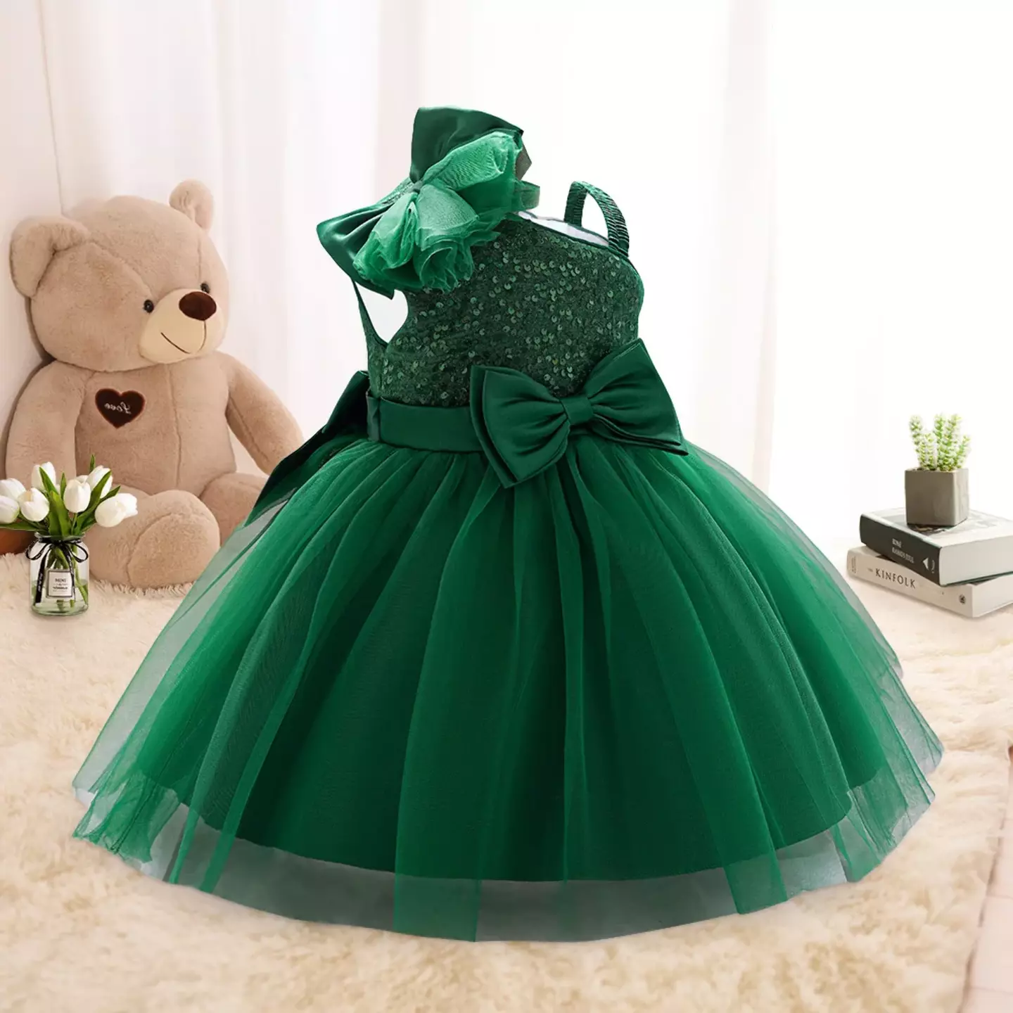Madison Forest Green Sequin One Shoulder Baby Party Dress