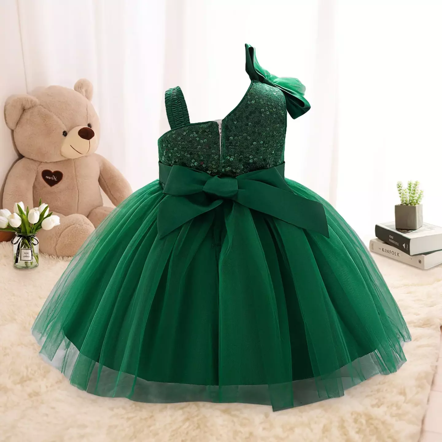 Madison Forest Green Sequin One Shoulder Baby Party Dress