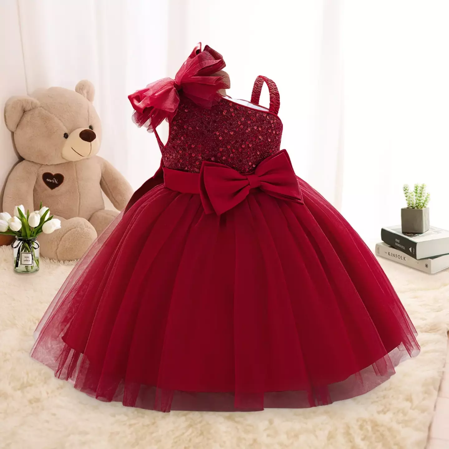 Madison Maroon Sequin One Shoulder Bow Baby Party Dress