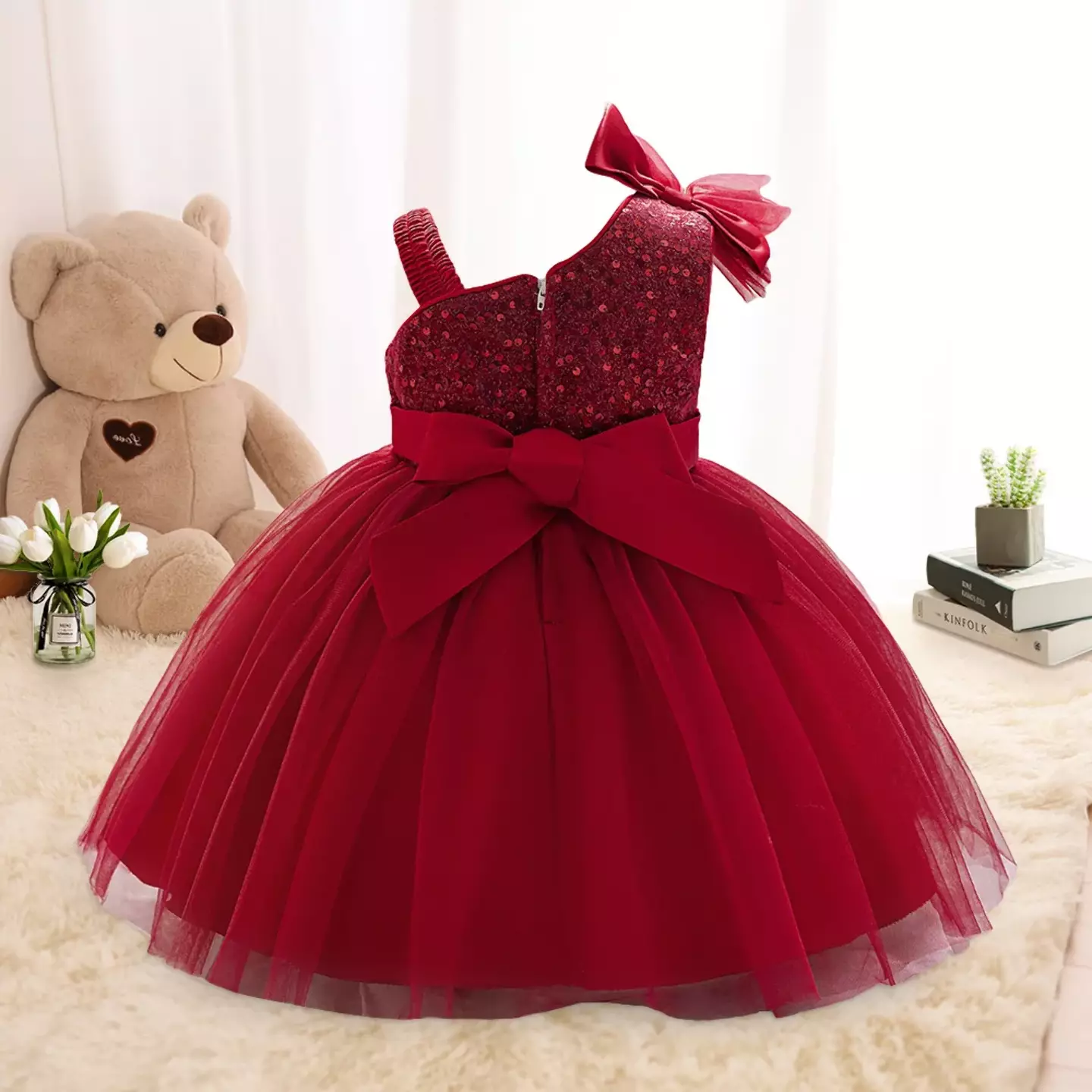 Madison Maroon Sequin One Shoulder Bow Baby Party Dress