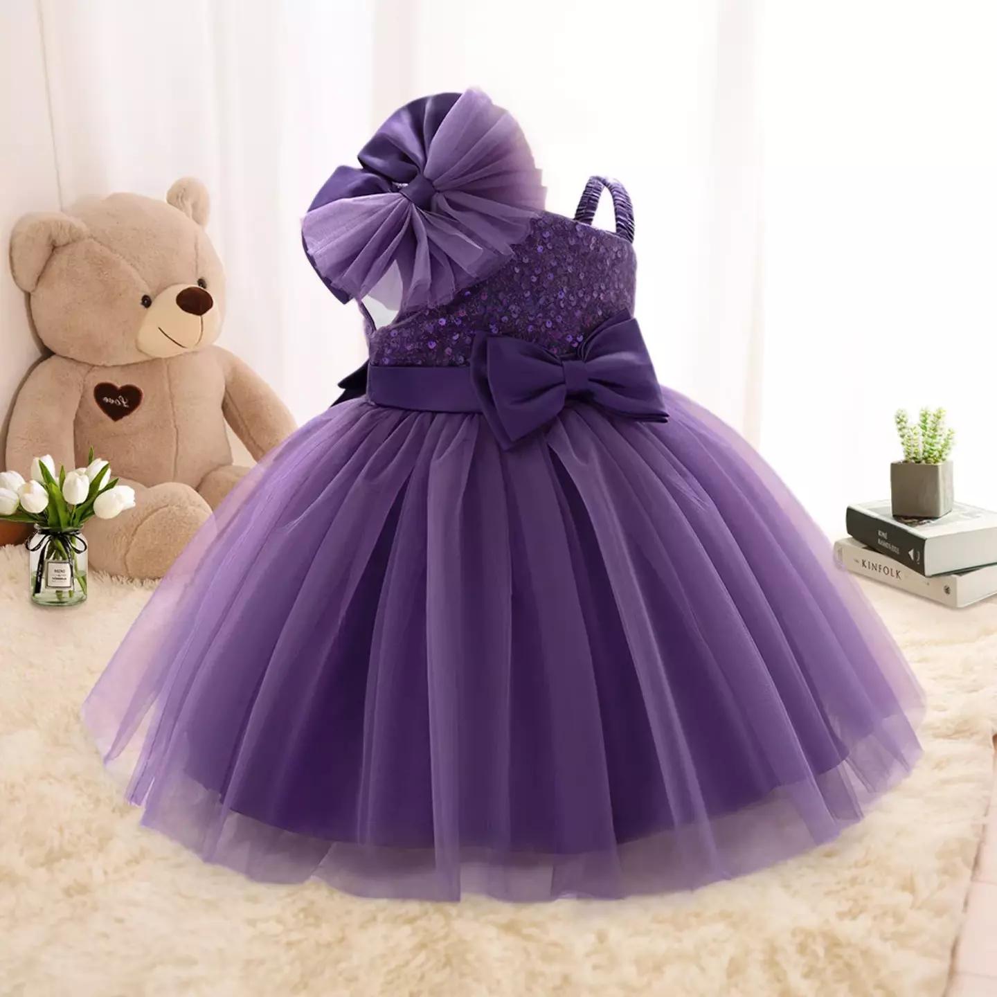 Madison Purple Sequin One Shoulder Bow Baby Party Dress