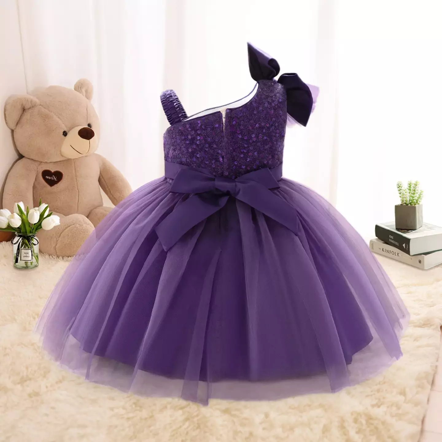 Madison Purple Sequin One Shoulder Bow Baby Party Dress