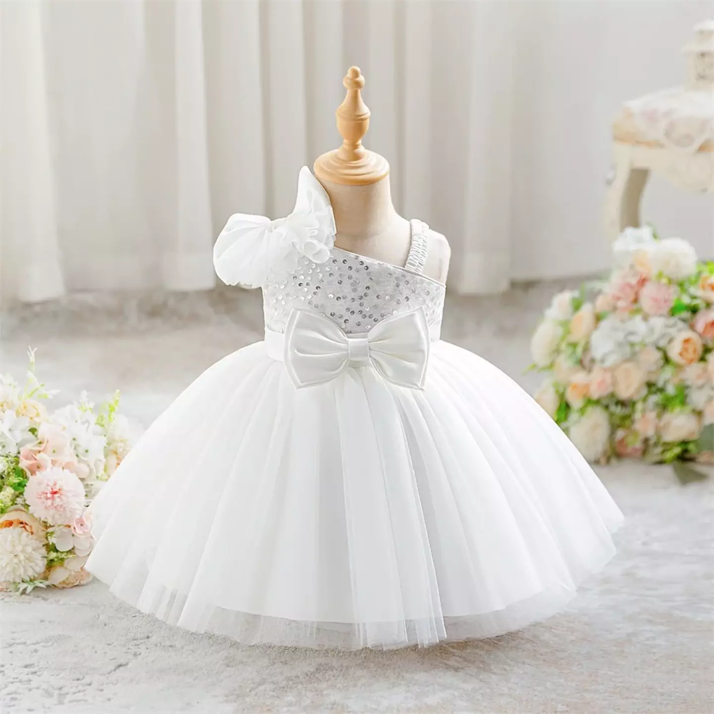 Madison White Sequin One Shoulder Bow Baby Party Dress