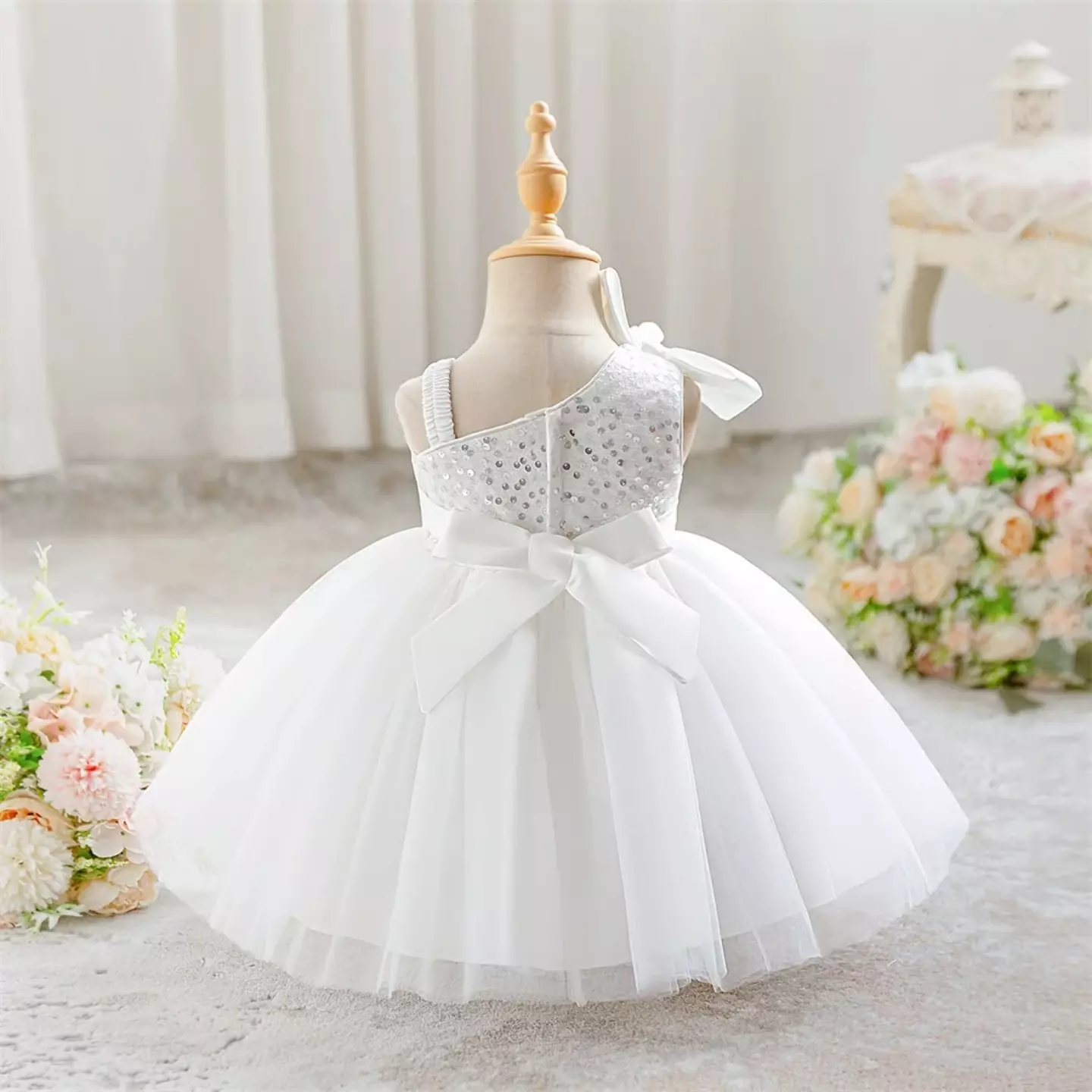 Madison White Sequin One Shoulder Bow Baby Party Dress