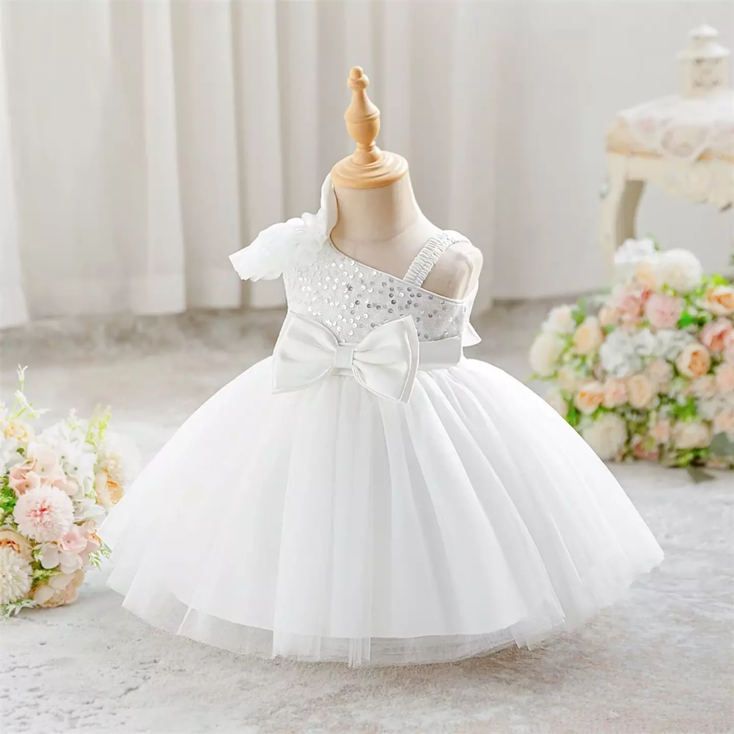 Madison White Sequin One Shoulder Bow Baby Party Dress