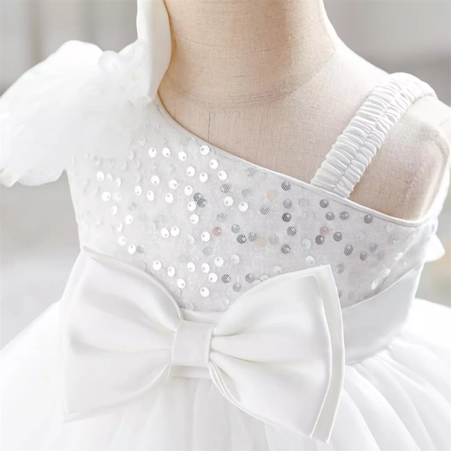 Madison White Sequin One Shoulder Bow Baby Party Dress