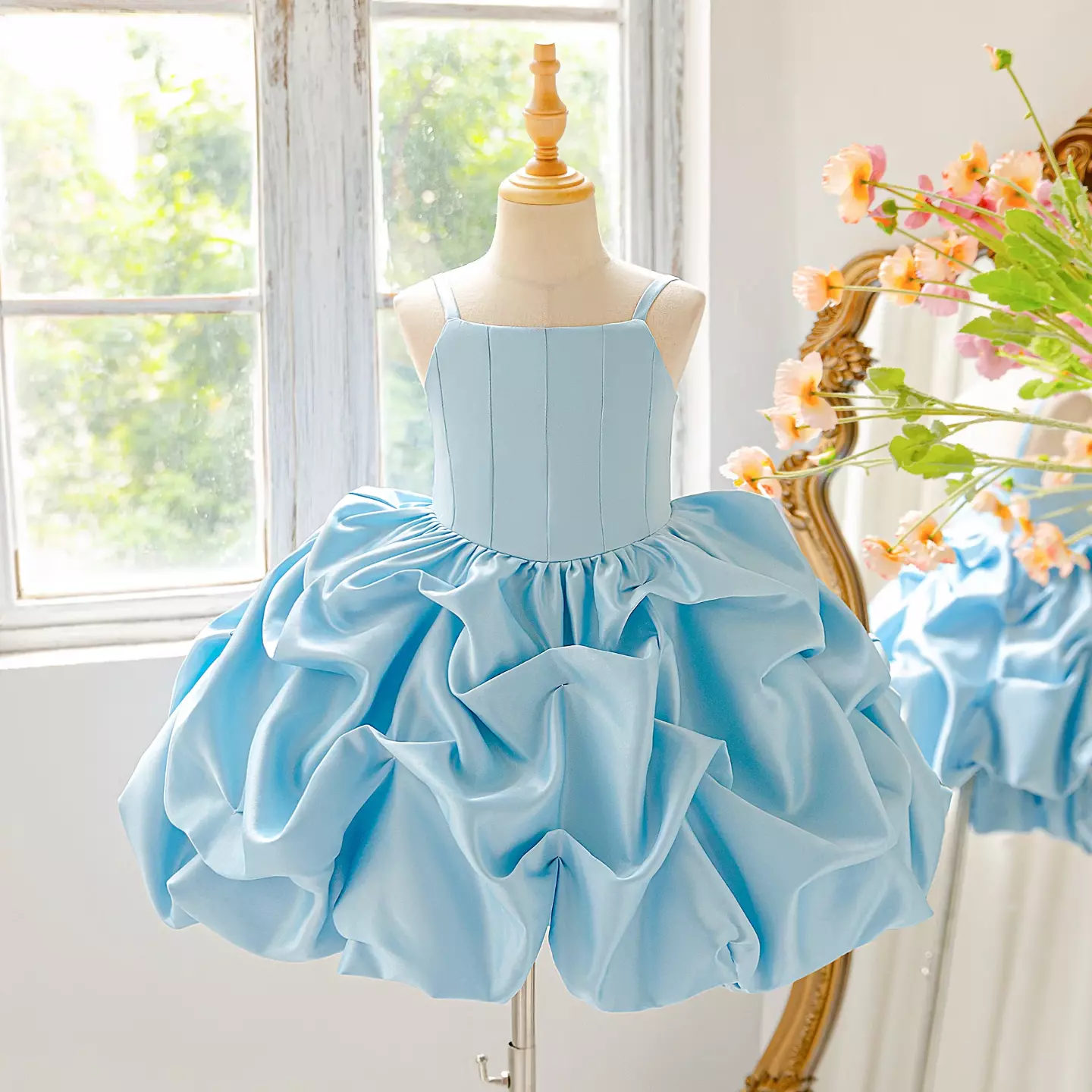 Kiernan Light Blue Pickup Hem Satin Flower Girl Dress for Girls
