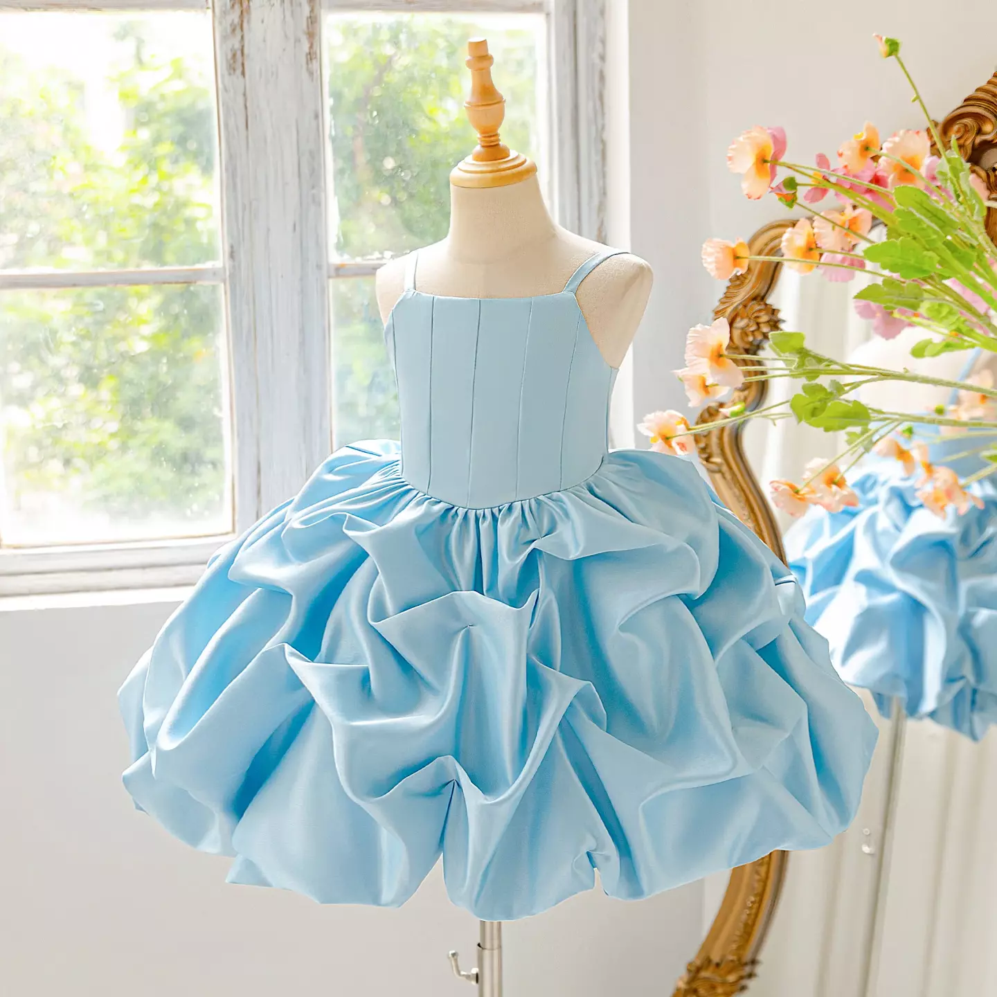 Kiernan Light Blue Pickup Hem Satin Flower Girl Dress for Girls