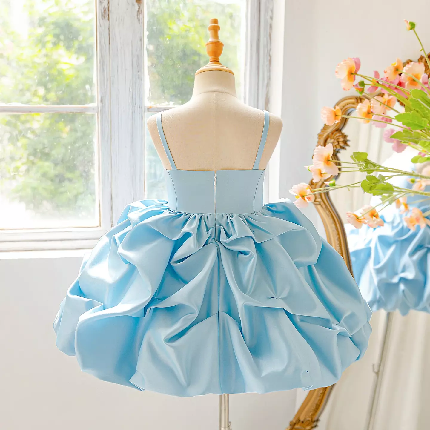 Kiernan Light Blue Pickup Hem Satin Flower Girl Dress for Girls