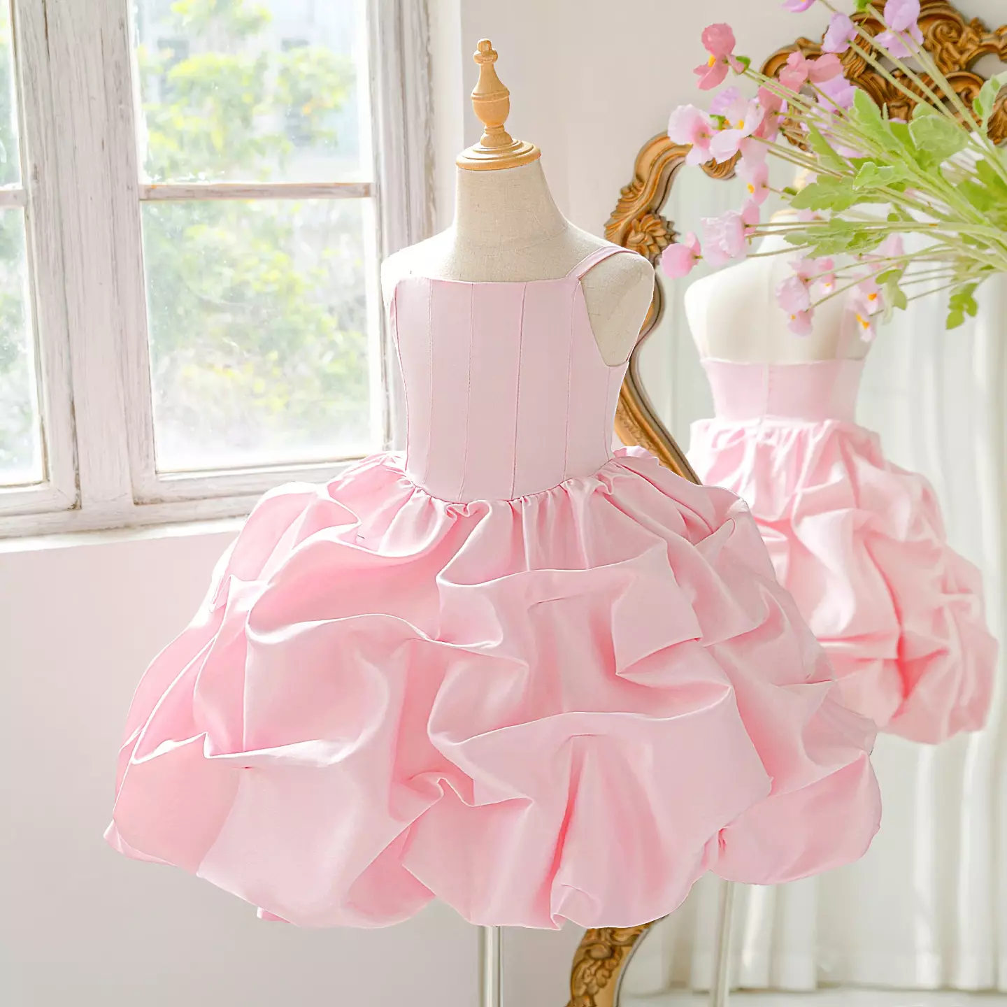 Kiernan Pink Pickup Hem Satin Flower Girl Dress for Girls
