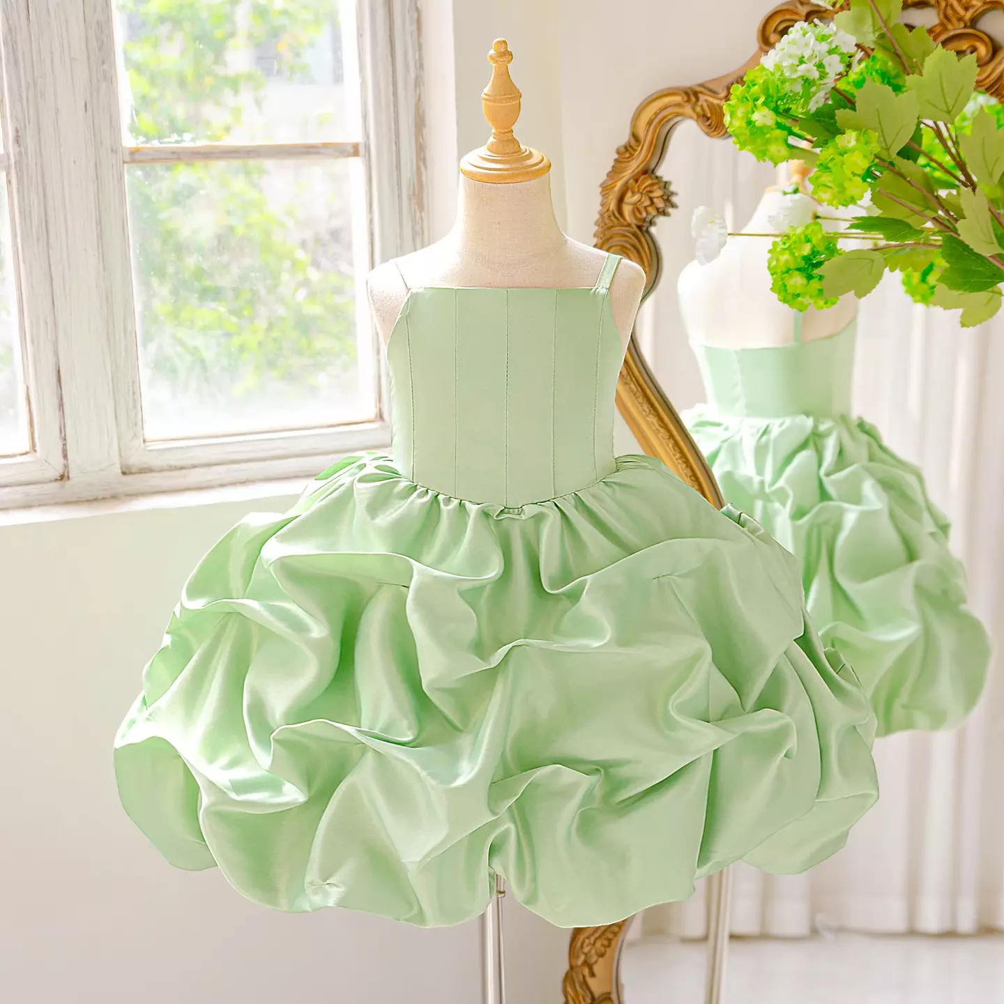 Kiernan Sage Green Pickup Hem Satin Flower Girl Dress for Girls
