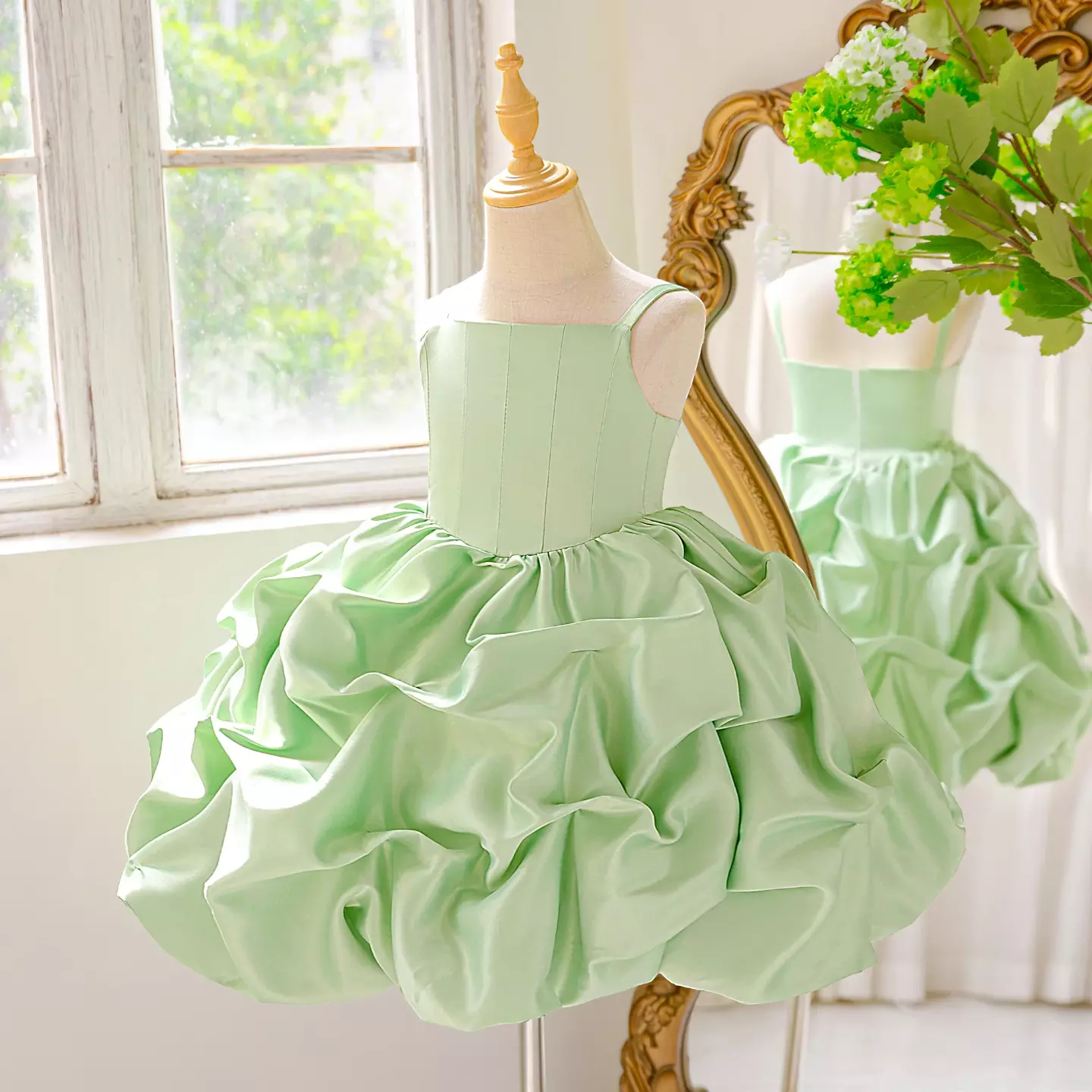 Kiernan Sage Green Pickup Hem Satin Flower Girl Dress for Girls