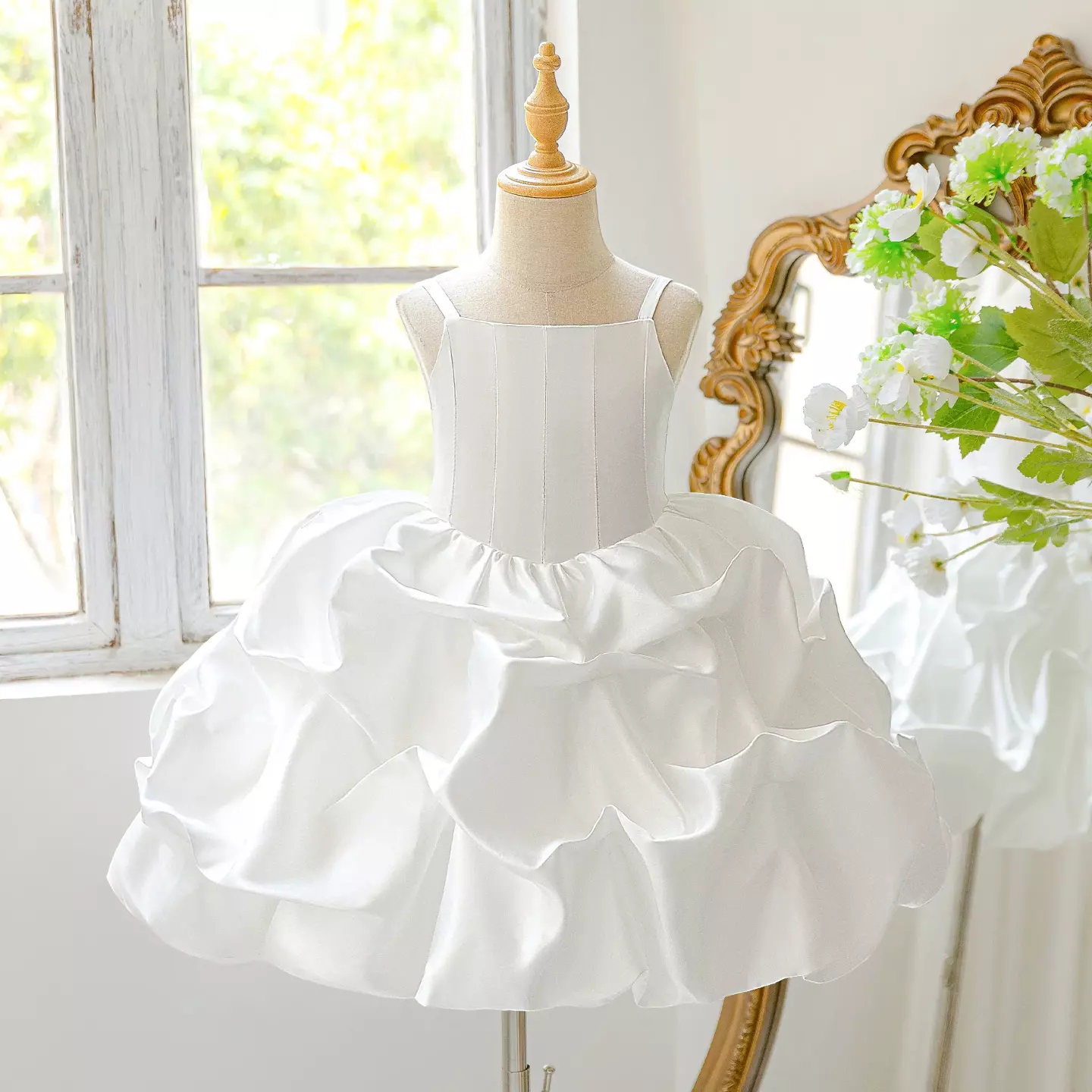 Kiernan White Pickup Hem Satin Flower Girl Dress for Girls