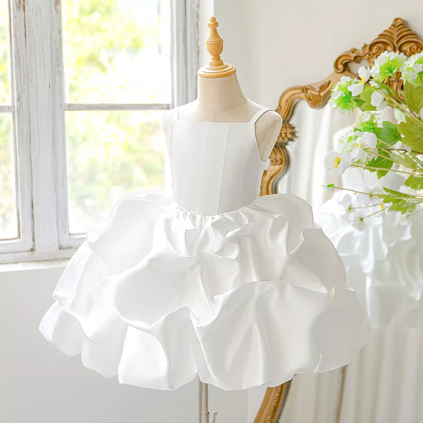 Kiernan White Pickup Hem Satin Flower Girl Dress for Girls