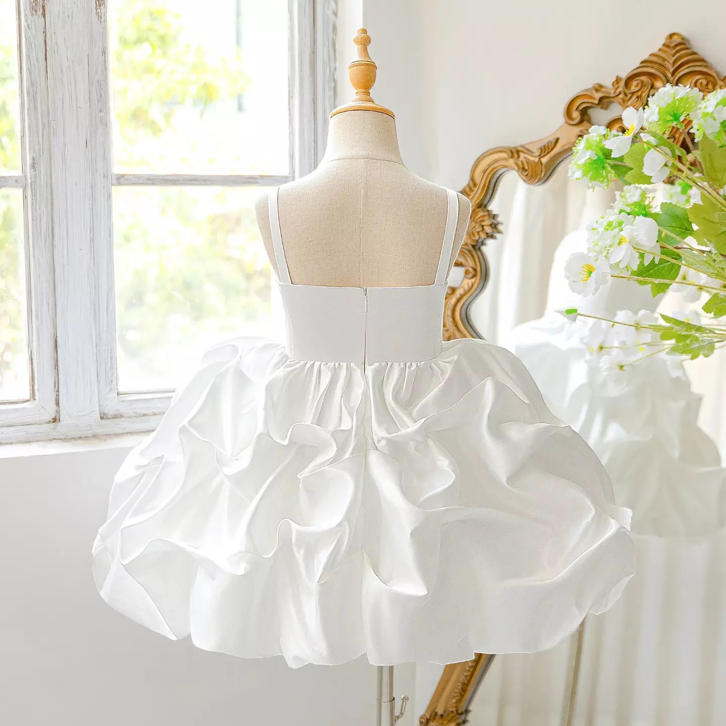 Kiernan White Pickup Hem Satin Flower Girl Dress for Girls