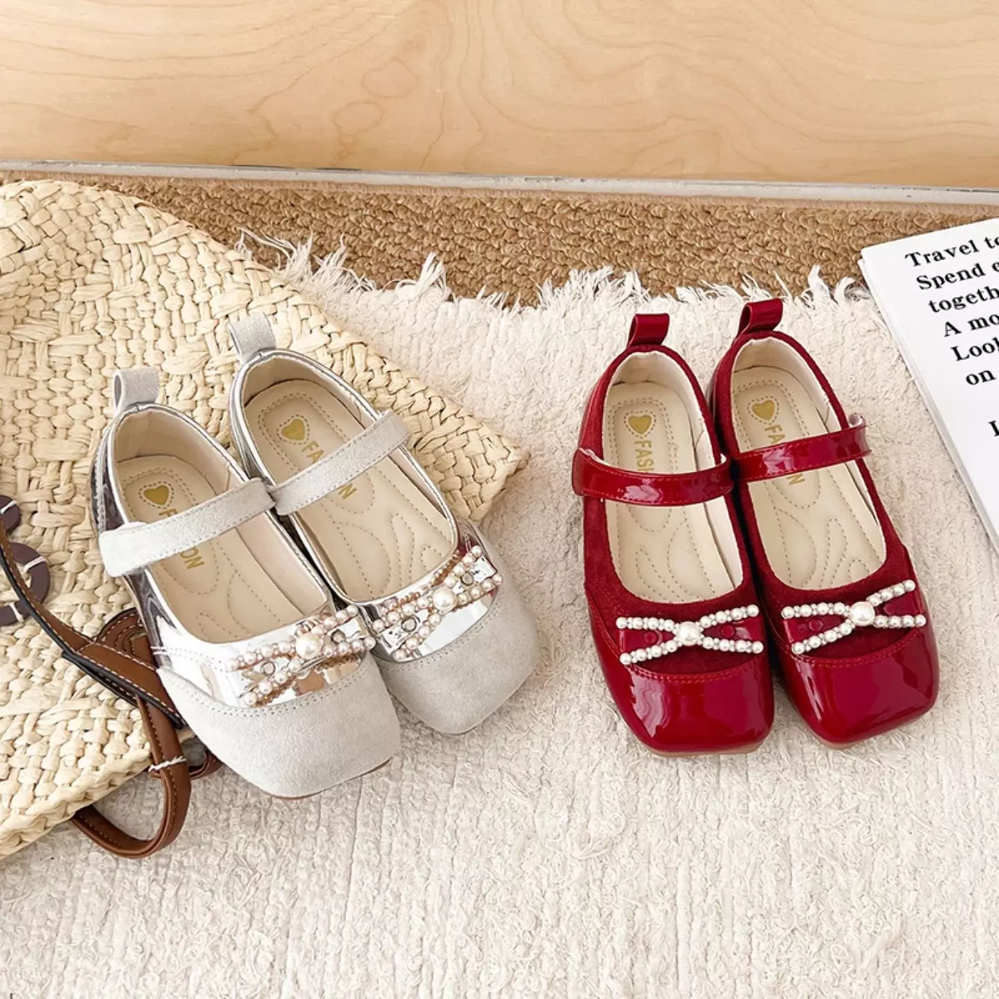 Toddler, Young Girls & Girls Maroon Bead Bow Square Toe Dress Shoes | Lucys 12549